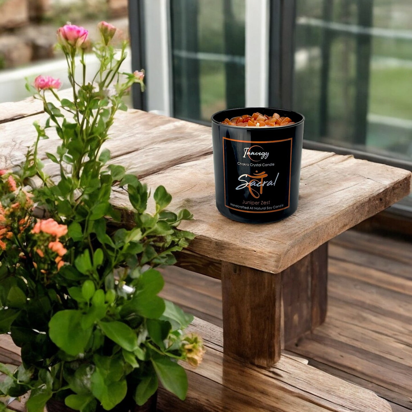 Sacral Chakra Crystal Candle with Peach Aventurine | Coconut-Soy Wax Candle, 9oz