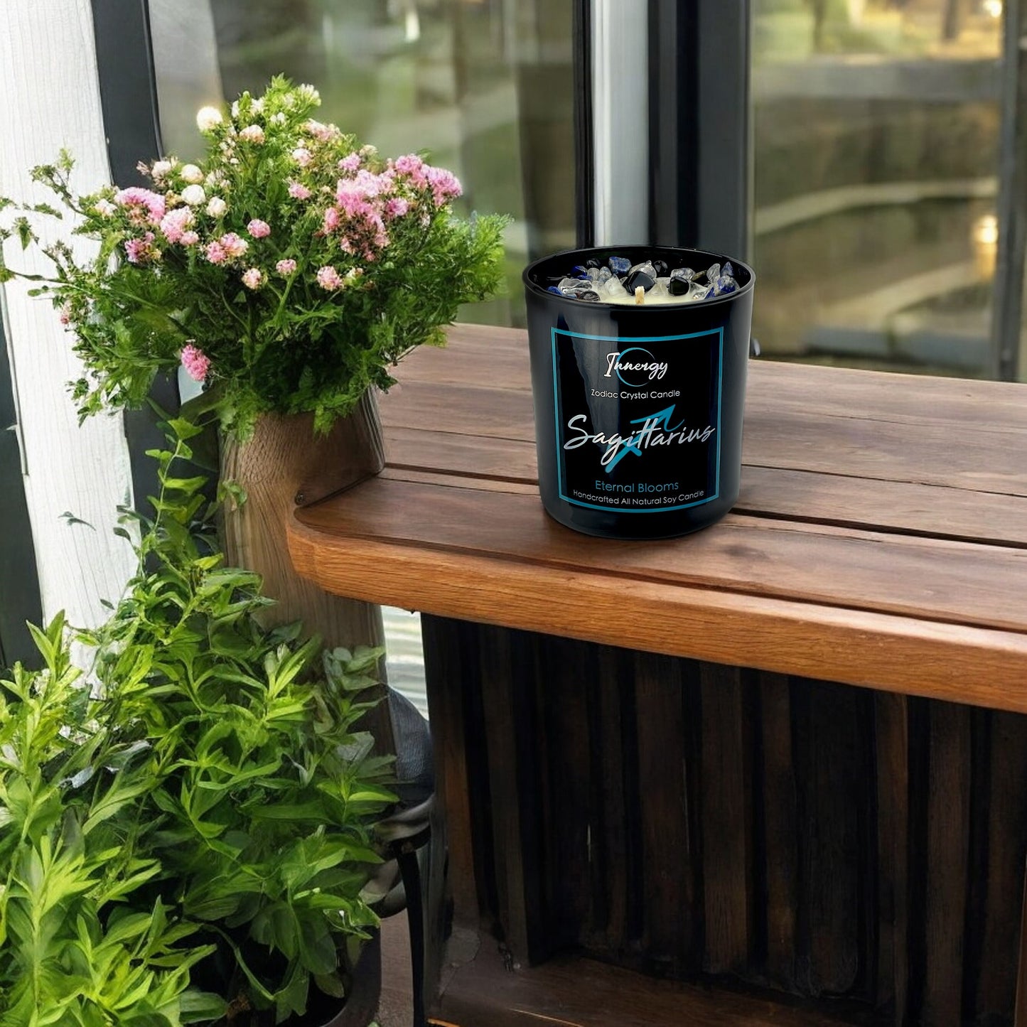 Sagittarius Zodiac Crystal Candle with Black Obsidian, Lapis Lazuli, and Crystal Quartz | Coconut-Soy Wax Candle, 9oz