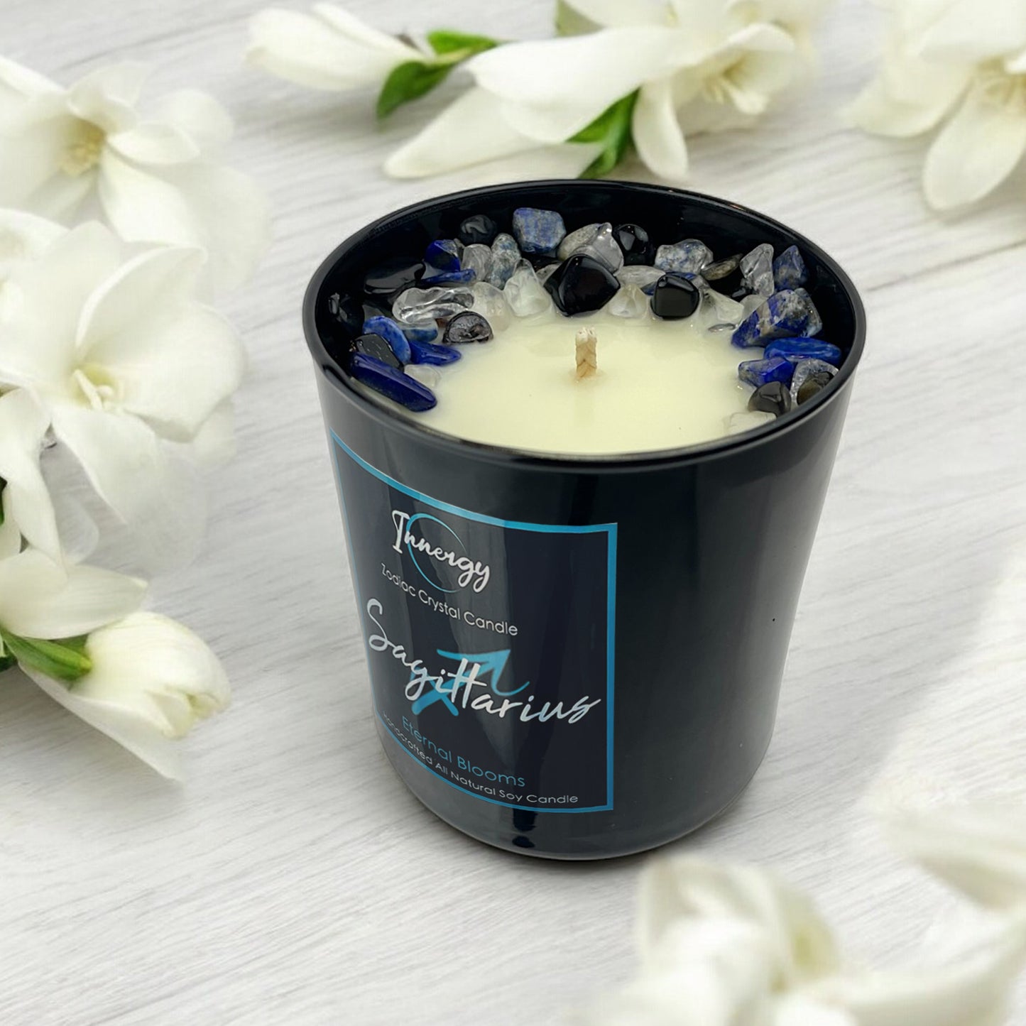 Sagittarius Zodiac Crystal Candle with Black Obsidian, Lapis Lazuli, and Crystal Quartz | Coconut-Soy Wax Candle, 9oz