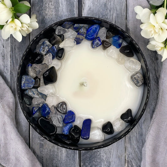 Eternal Blooms Crystal Candle with Black Obsidian, Lapis Lazuli, and Crystal Quartz | Coconut-Soy Wax Candle, 9oz