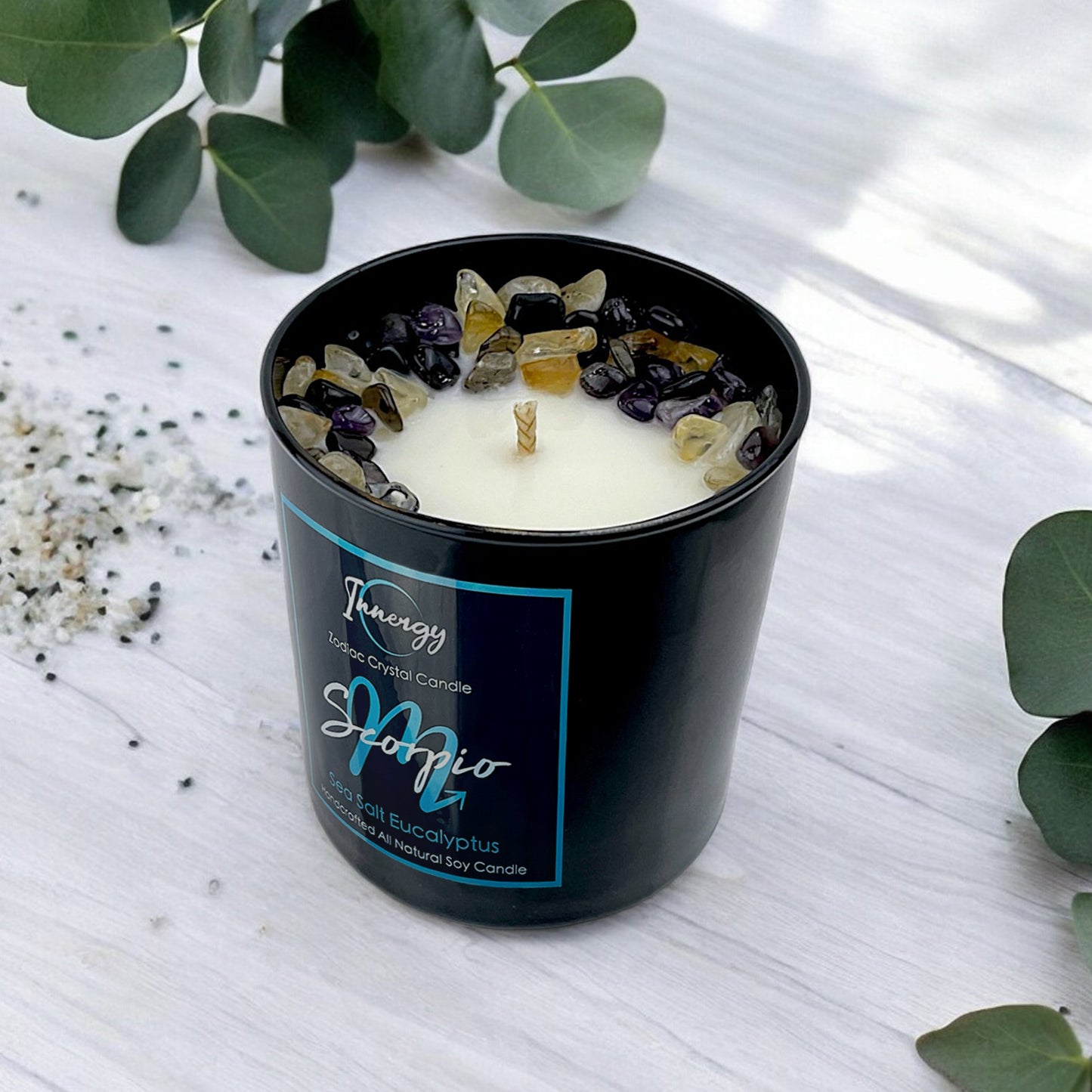Scorpio Zodiac Crystal Candle with Black Obsidian, Citrine, and Amethyst | Coconut-Soy Wax Candle, 9oz