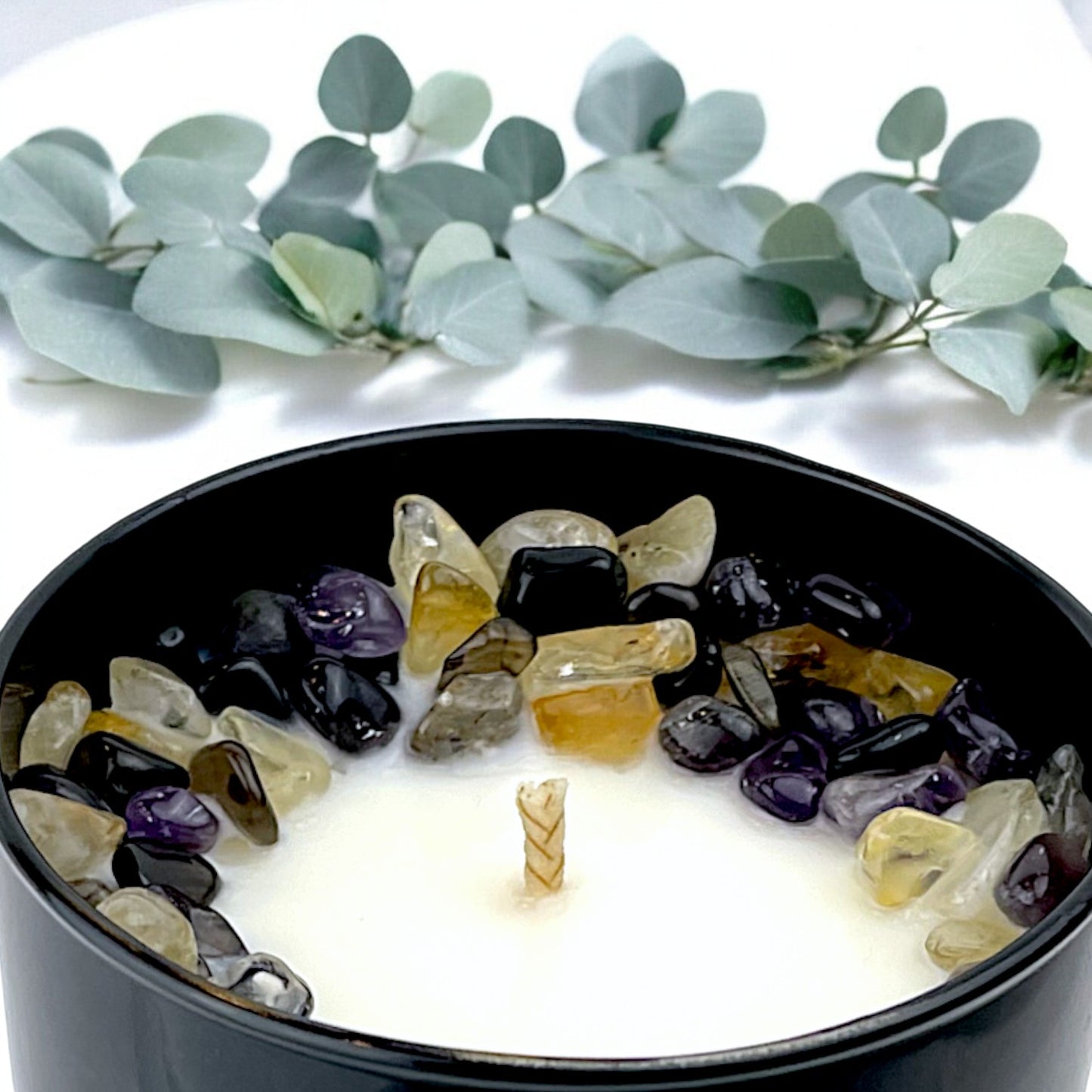Sea Salt Eucalyptus Crystal Candle with Black Obsidian, Citrine, and Amethyst | Coconut-Soy Wax Candle, 9oz
