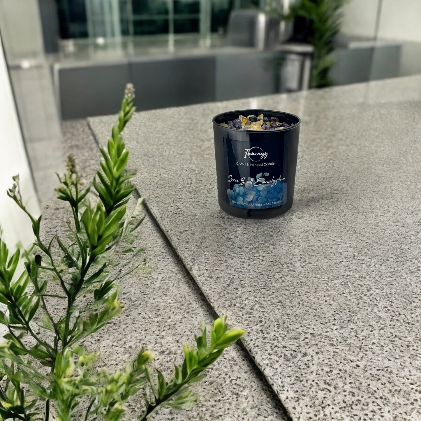 Sea Salt Eucalyptus Crystal Candle with Black Obsidian, Citrine, and Amethyst | Coconut-Soy Wax Candle, 9oz