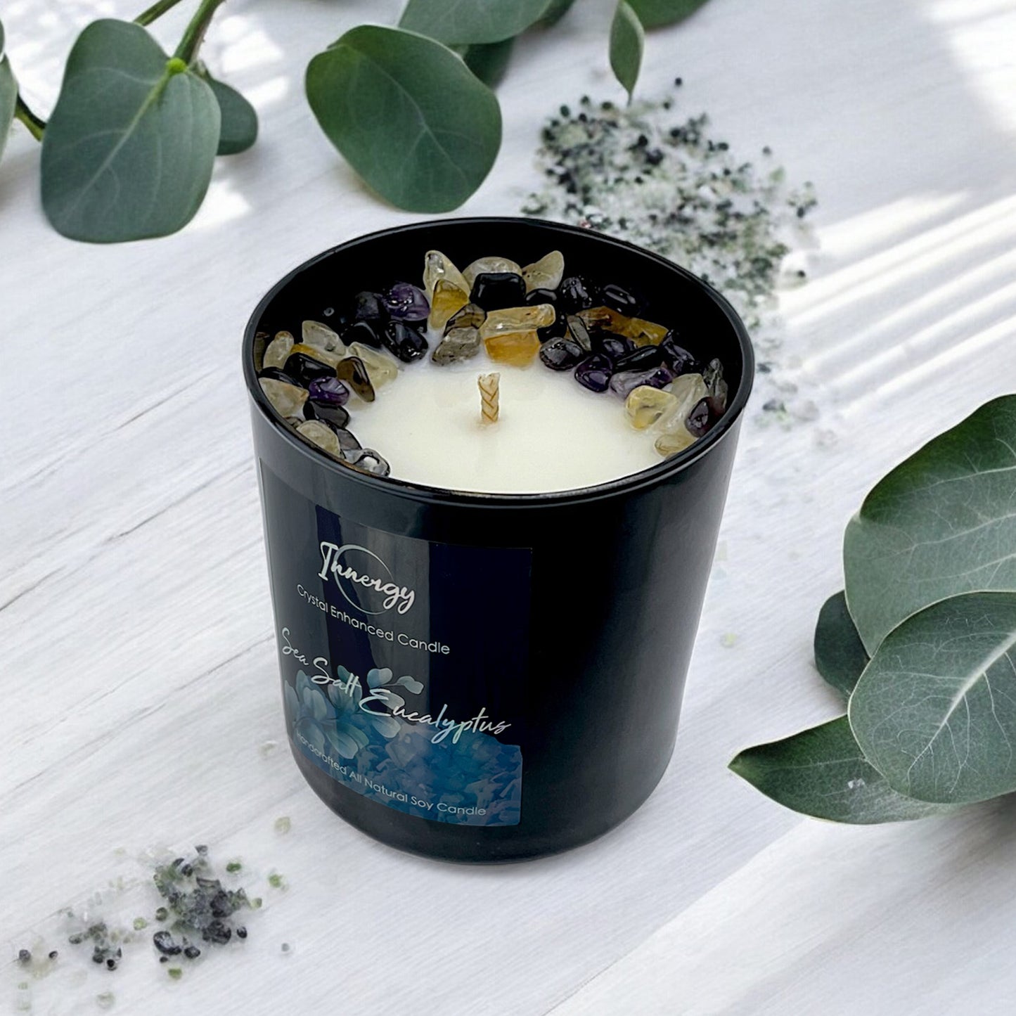 Sea Salt Eucalyptus Crystal Candle with Black Obsidian, Citrine, and Amethyst | Coconut-Soy Wax Candle, 9oz