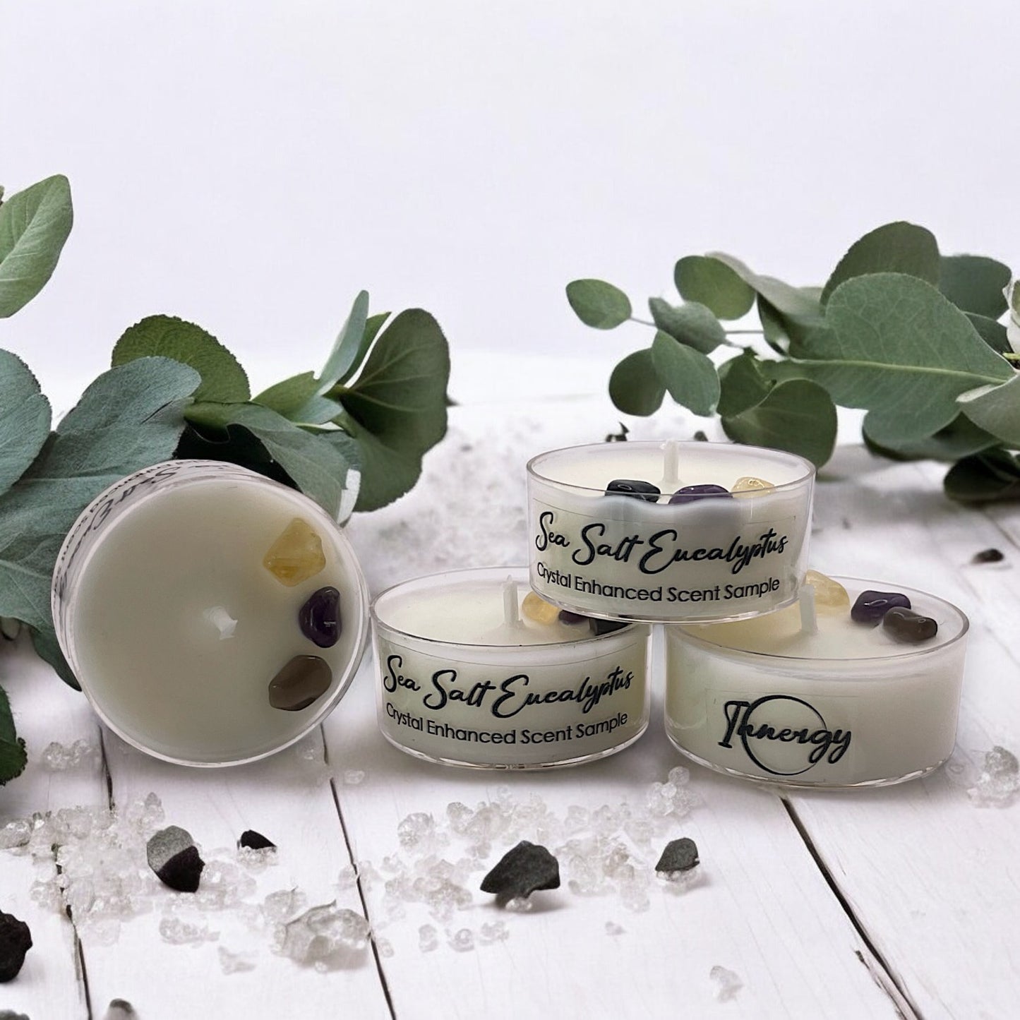 Sea Salt Eucalyptus, Premium Coconut-Soy Wax Tea Light Crystal Candle, 1oz