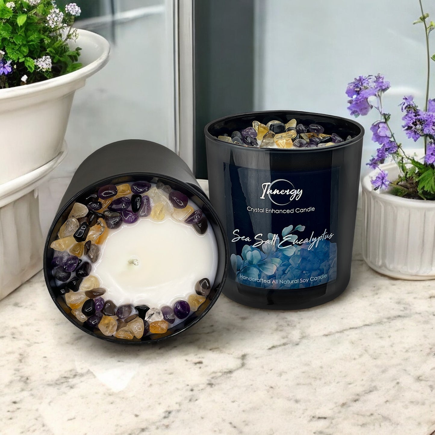 Sea Salt Eucalyptus Crystal Candle with Black Obsidian, Citrine, and Amethyst | Coconut-Soy Wax Candle, 9oz