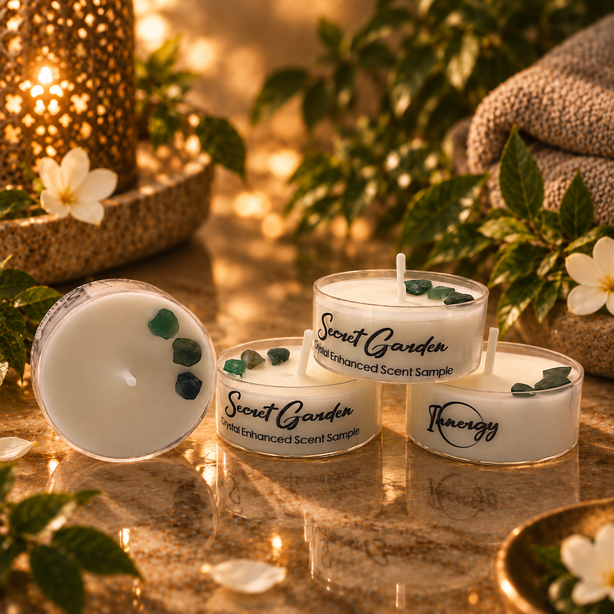 Secret Garden, Premium Coconut-Soy Wax Tea Light Crystal Candle, 1oz
