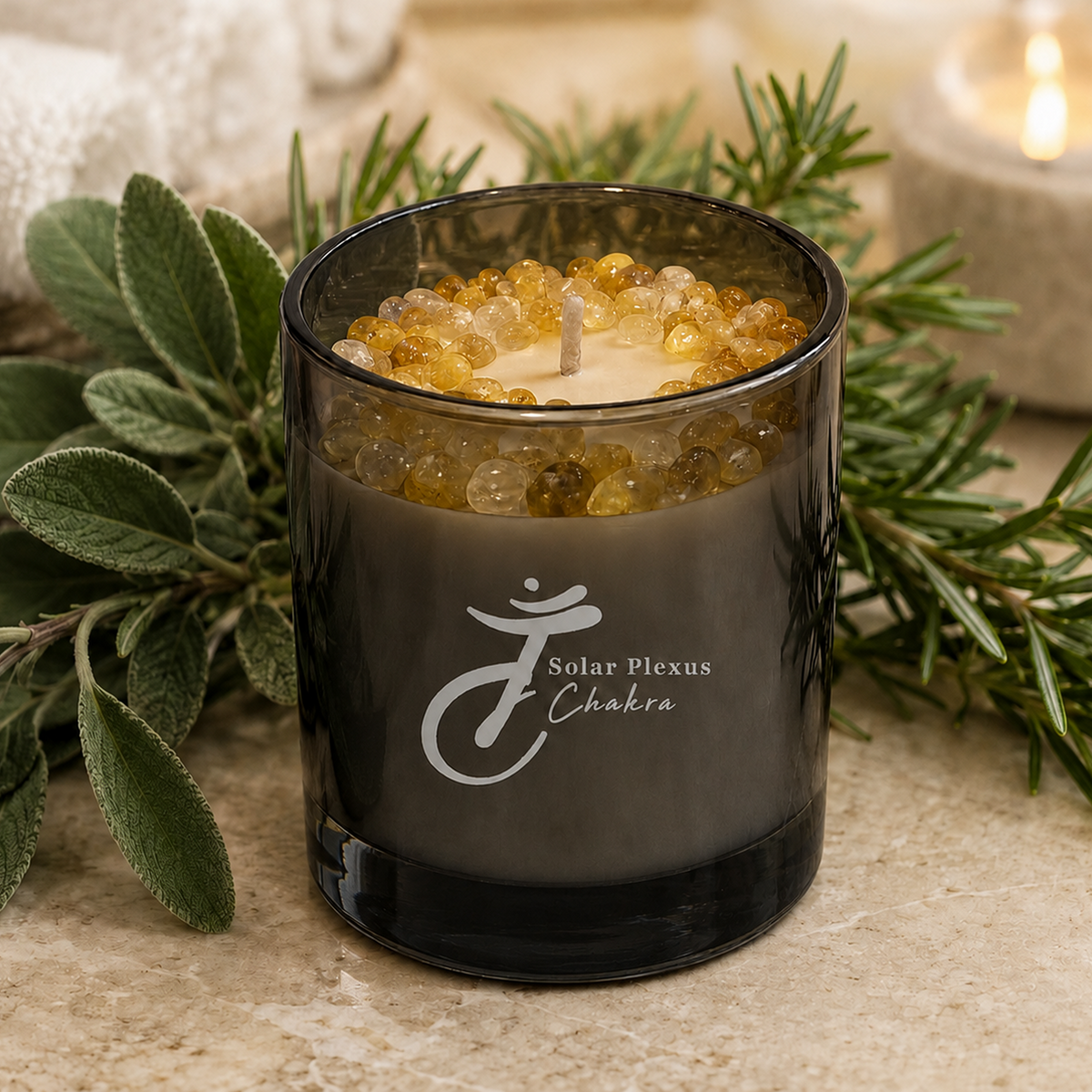 Solar Plexus Chakra Handcrafted Crystal-Infused Coconut Soy Wax Scented Candle, 10oz
