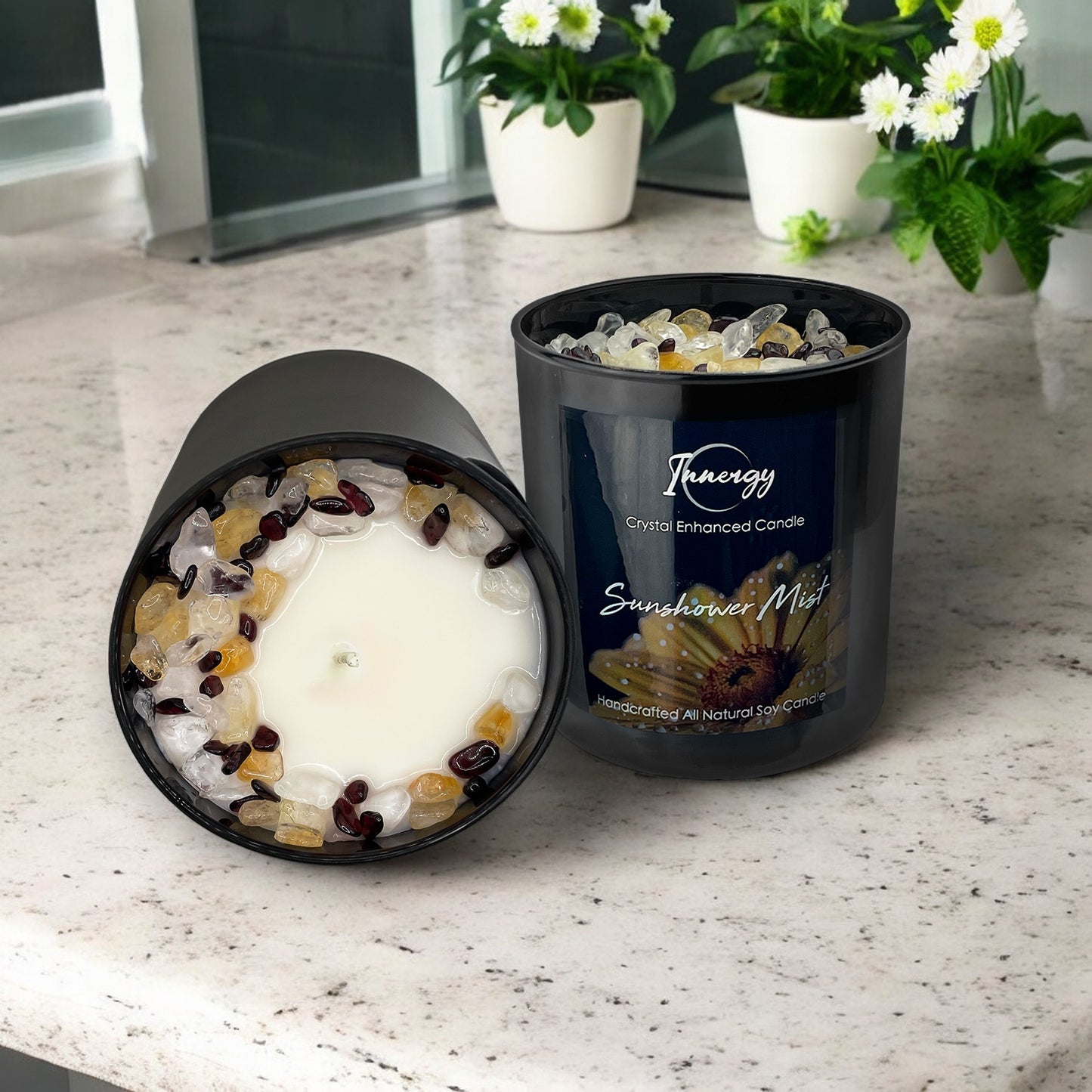 Sunshower Mist Crystal Candle with Garnet, Quartz Crystal, and Citrine | Coconut-Soy Wax Candle, 9oz