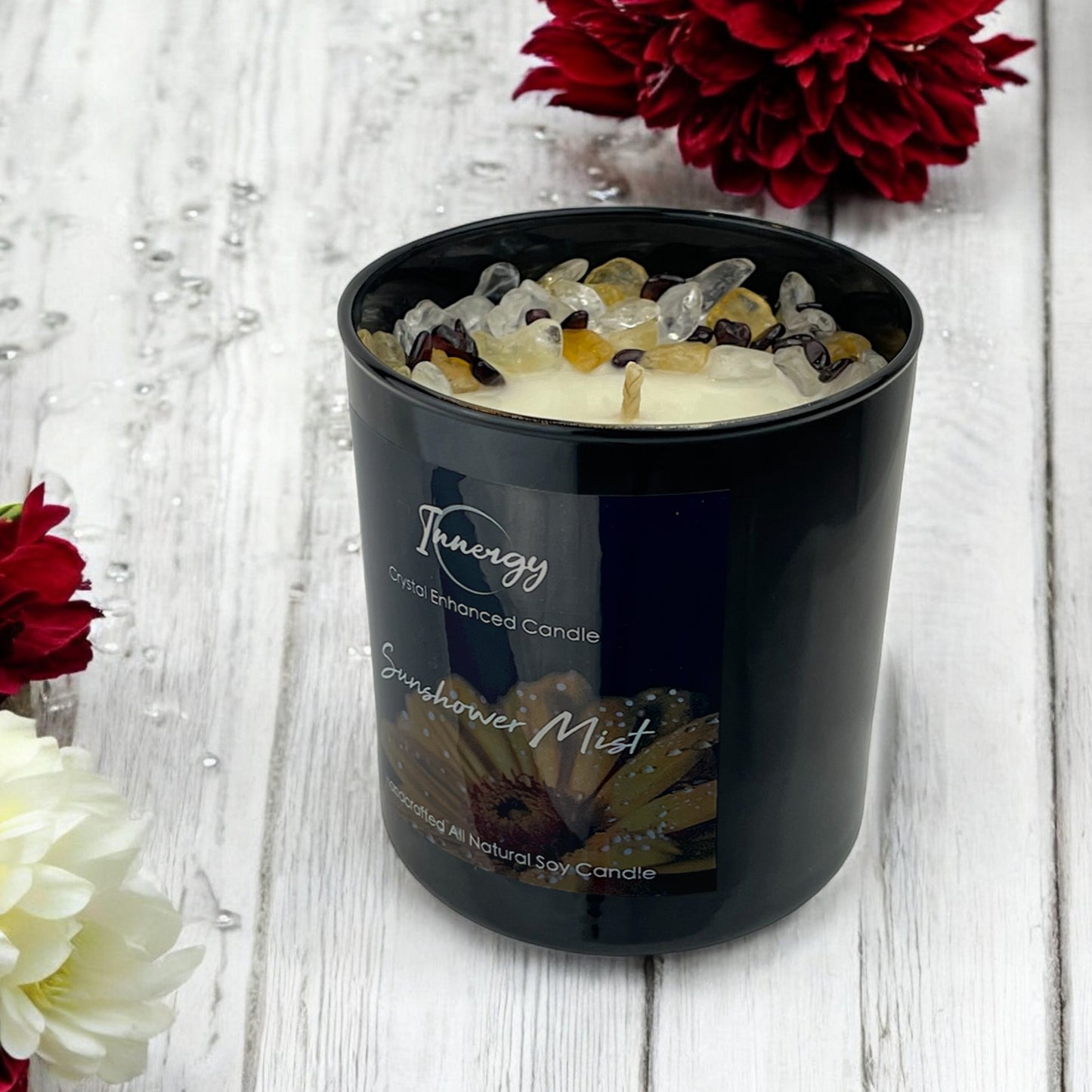 Sunshower Mist Crystal Candle with Garnet, Quartz Crystal, and Citrine | Coconut-Soy Wax Candle, 9oz