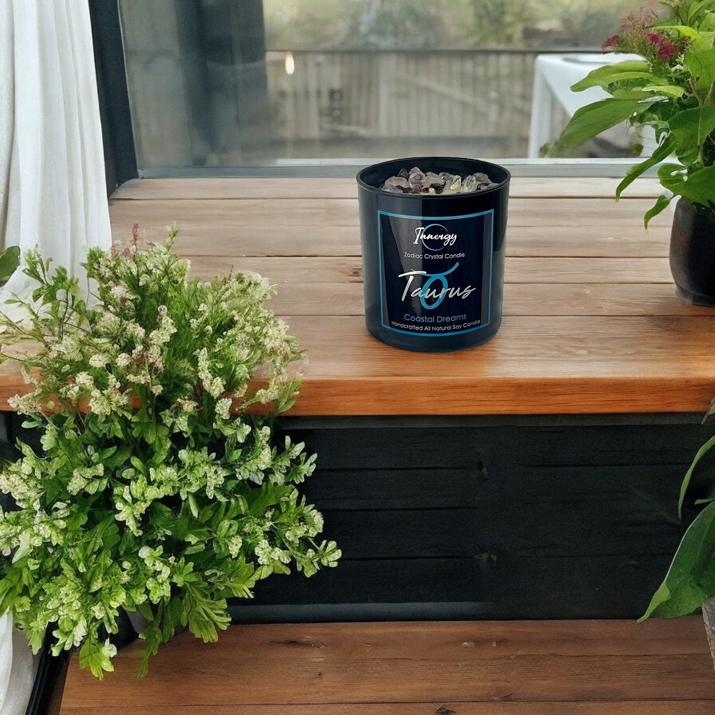 Taurus Zodiac Crystal Candle with Garnet, Crystal Quartz, and Rose Quartz | Coconut-Soy Wax Candle, 9oz