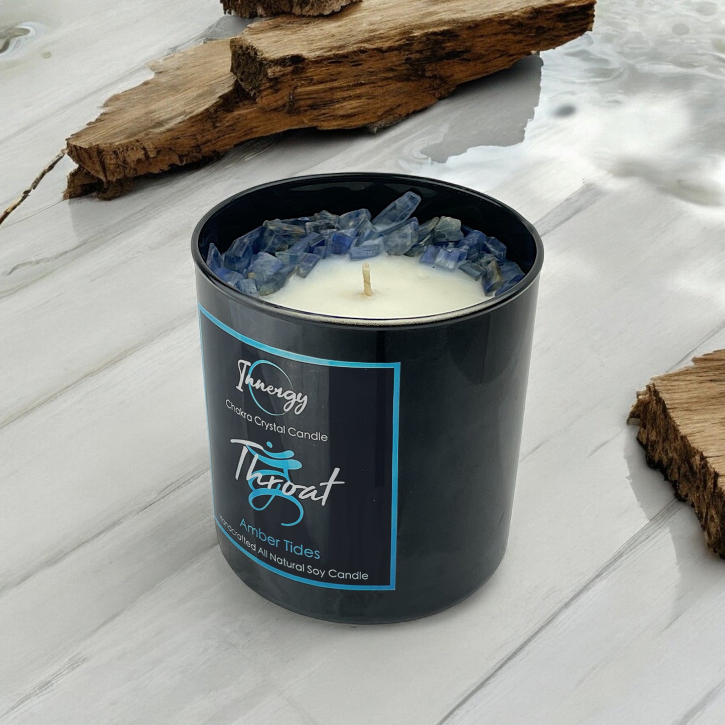 Throat Chakra Crystal Candle with Blue Kyanite | Coconut-Soy Wax Candle, 9oz