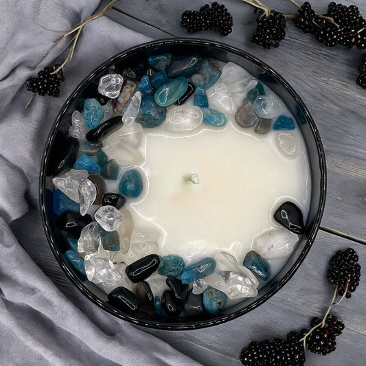 Blackberry Saffron Crystal Candle with Obsidian, Blue Apatite, and Crystal Quartz | Coconut-Soy Wax Candle, 9oz