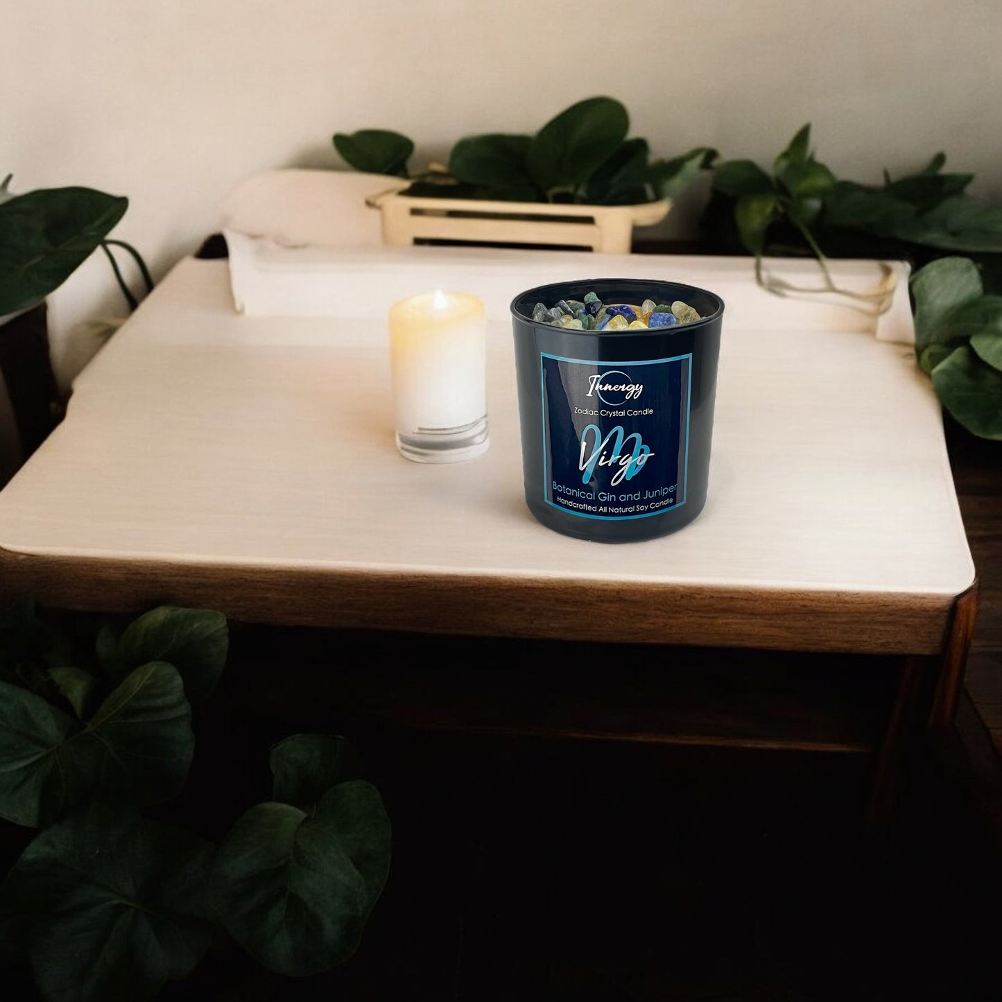 Virgo Zodiac Crystal Candle with Citrine, Lapis Lazuli, and Green Aventurine | Coconut-Soy Wax Candle, 9oz