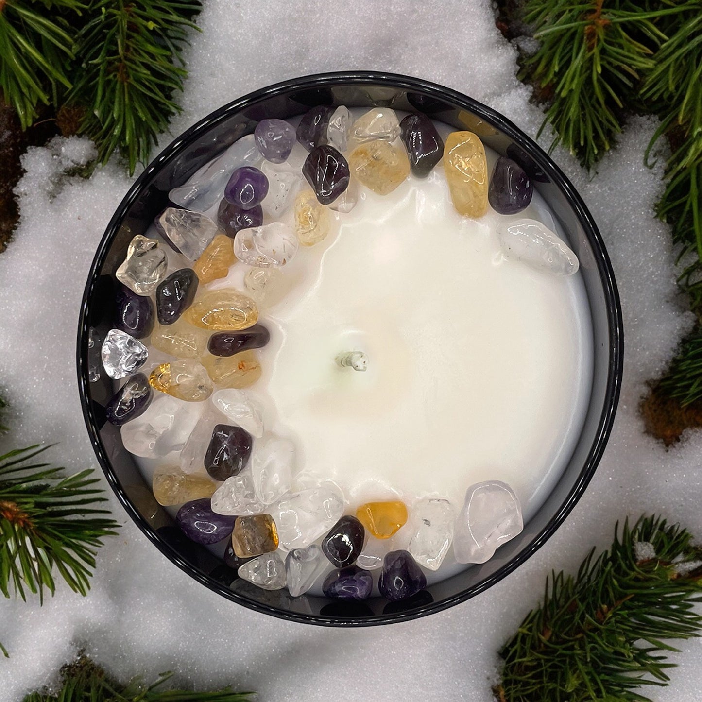 Arctic Winds Crystal Candle with Citrine, Amethyst, and Crystal Quartz | Coconut-Soy Wax Candle, 9oz