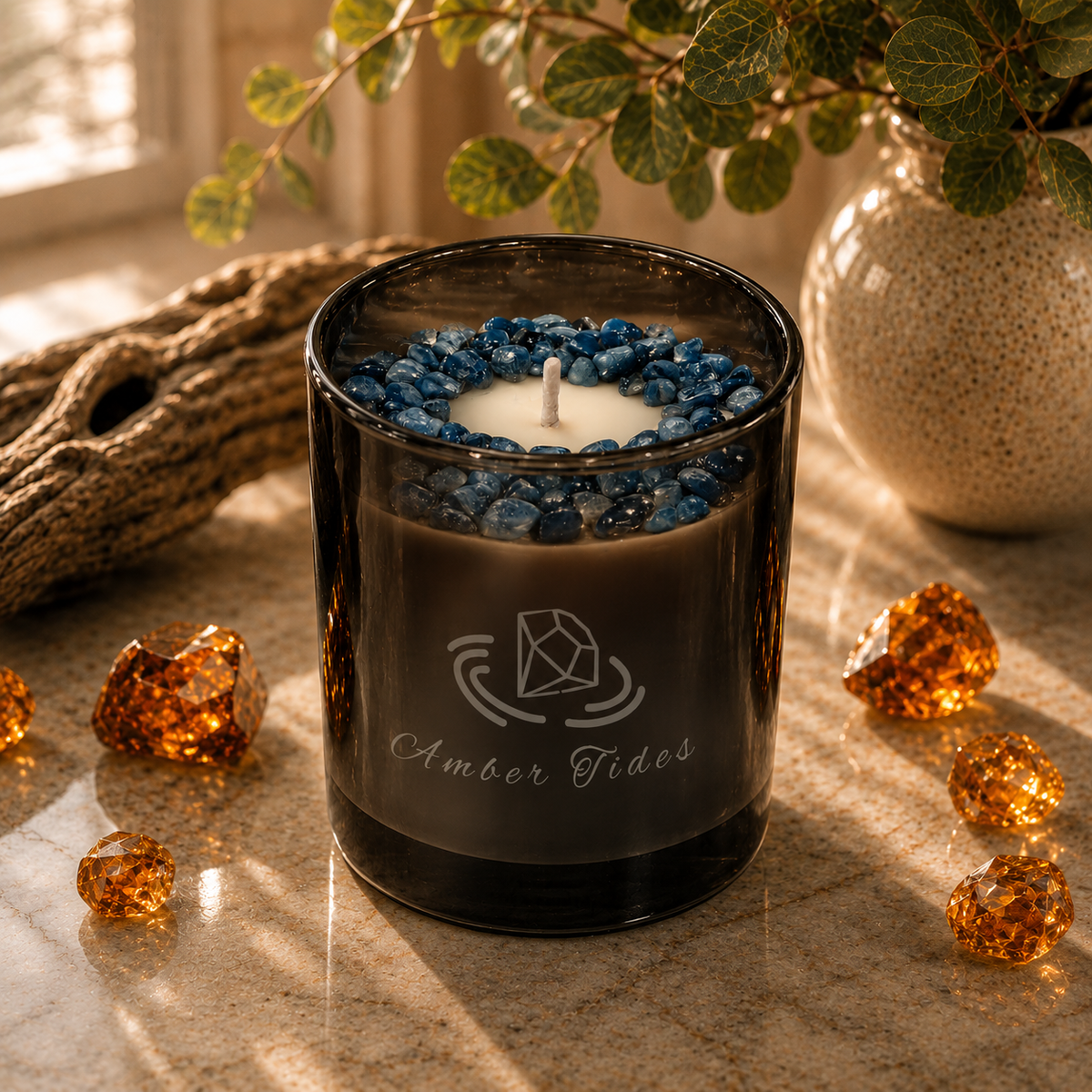 Amber Tides Handcrafted Crystal-Infused Coconut Soy Wax Scented Candle, 10oz