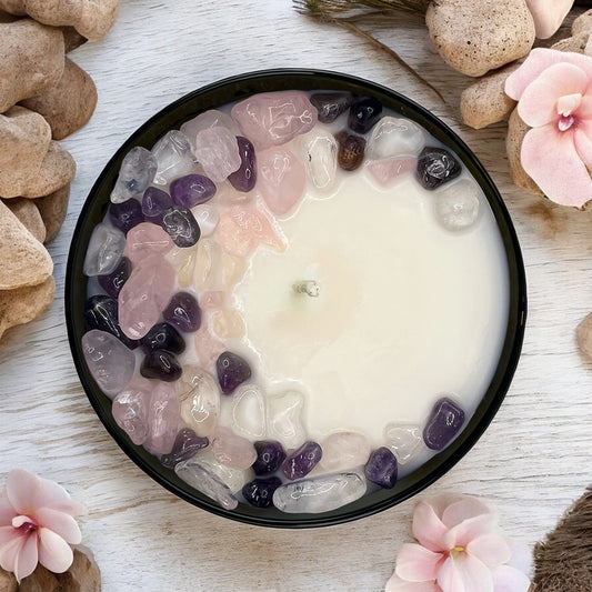 Orchid Seascape Crystal Candle with Amethyst, Rose, and Crystal Quartz | Coconut-Soy Wax Candle, 9oz