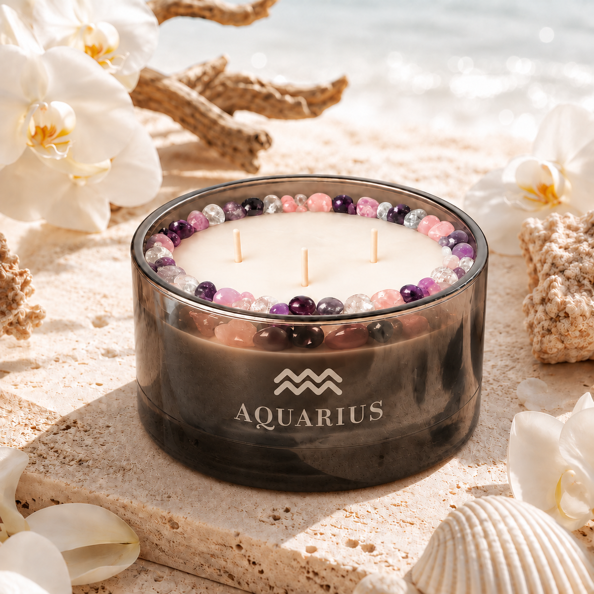 Aquarius Zodiac Handcrafted Crystal-Infused Coconut Soy 3-Wick Scented Candle, 16oz