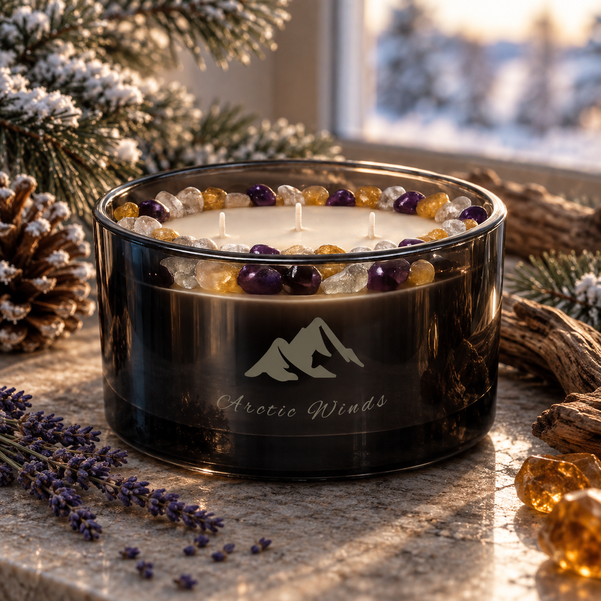 Arctic Winds Handcrafted Crystal-Infused Coconut Soy 3-Wick Scented Candle, 16oz
