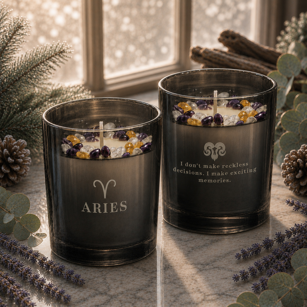 Aries Zodiac Handcrafted Crystal-Infused Coconut Soy Wax Scented Candle, 10oz