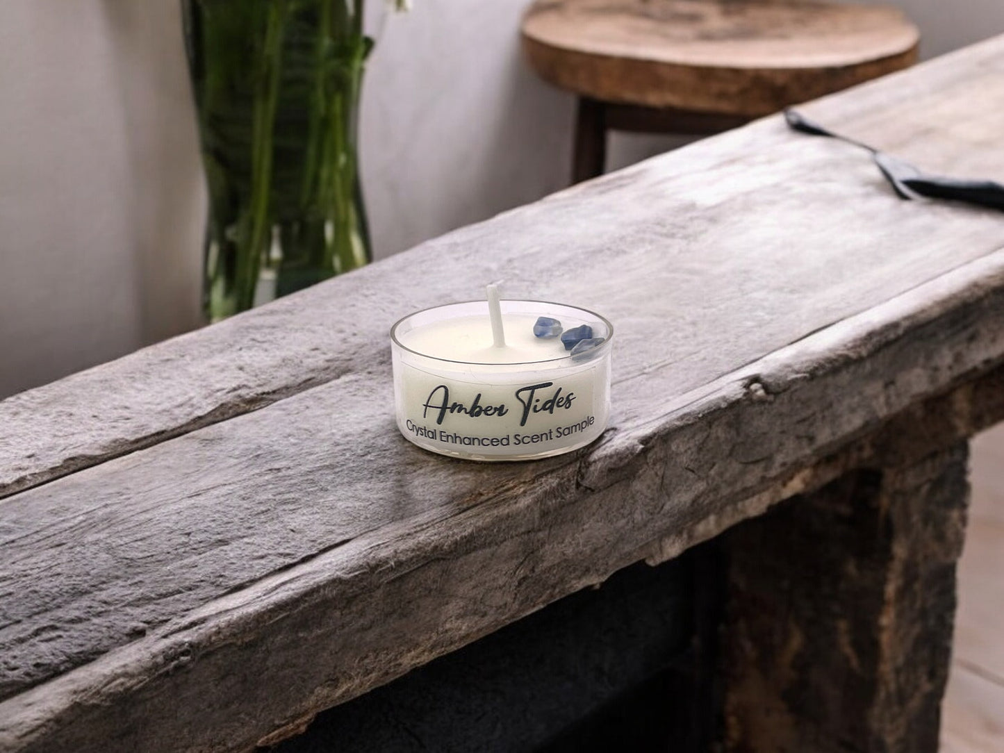 Amber Tides, Premium Coconut-Soy Wax Tea Light Crystal Candle, 1oz
