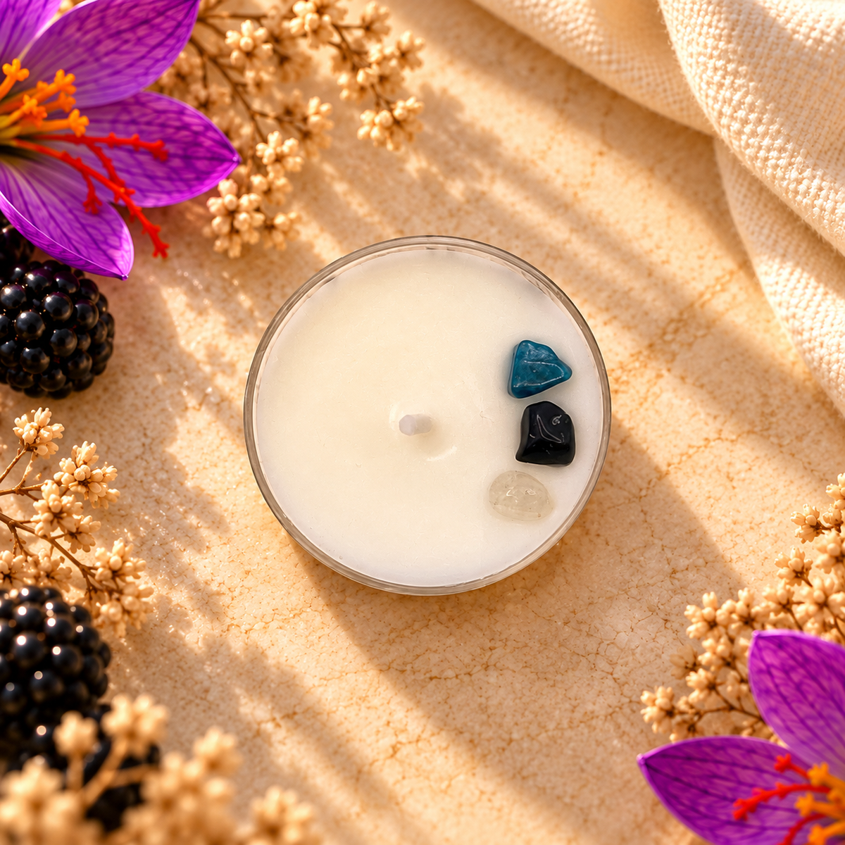 Blackberry Saffron, Premium Coconut-Soy Wax Tea Light Crystal Candle, 1oz