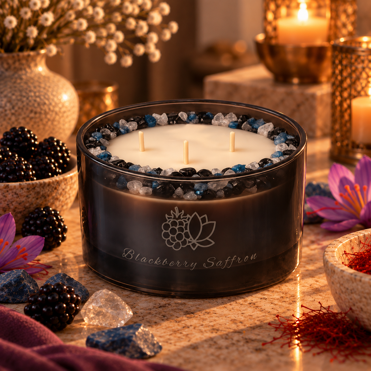 Blackberry Saffron Handcrafted Crystal-Infused Coconut Soy 3-Wick Scented Candle, 16oz
