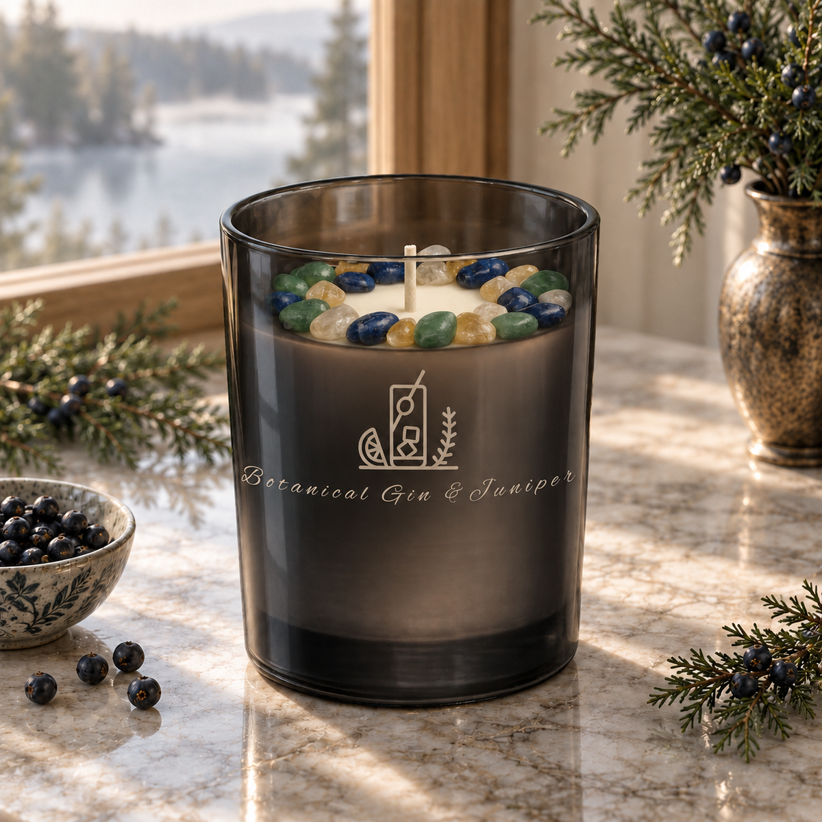 Botanical Gin & Juniper Handcrafted Crystal-Infused Coconut Soy Wax Scented Candle, 10oz