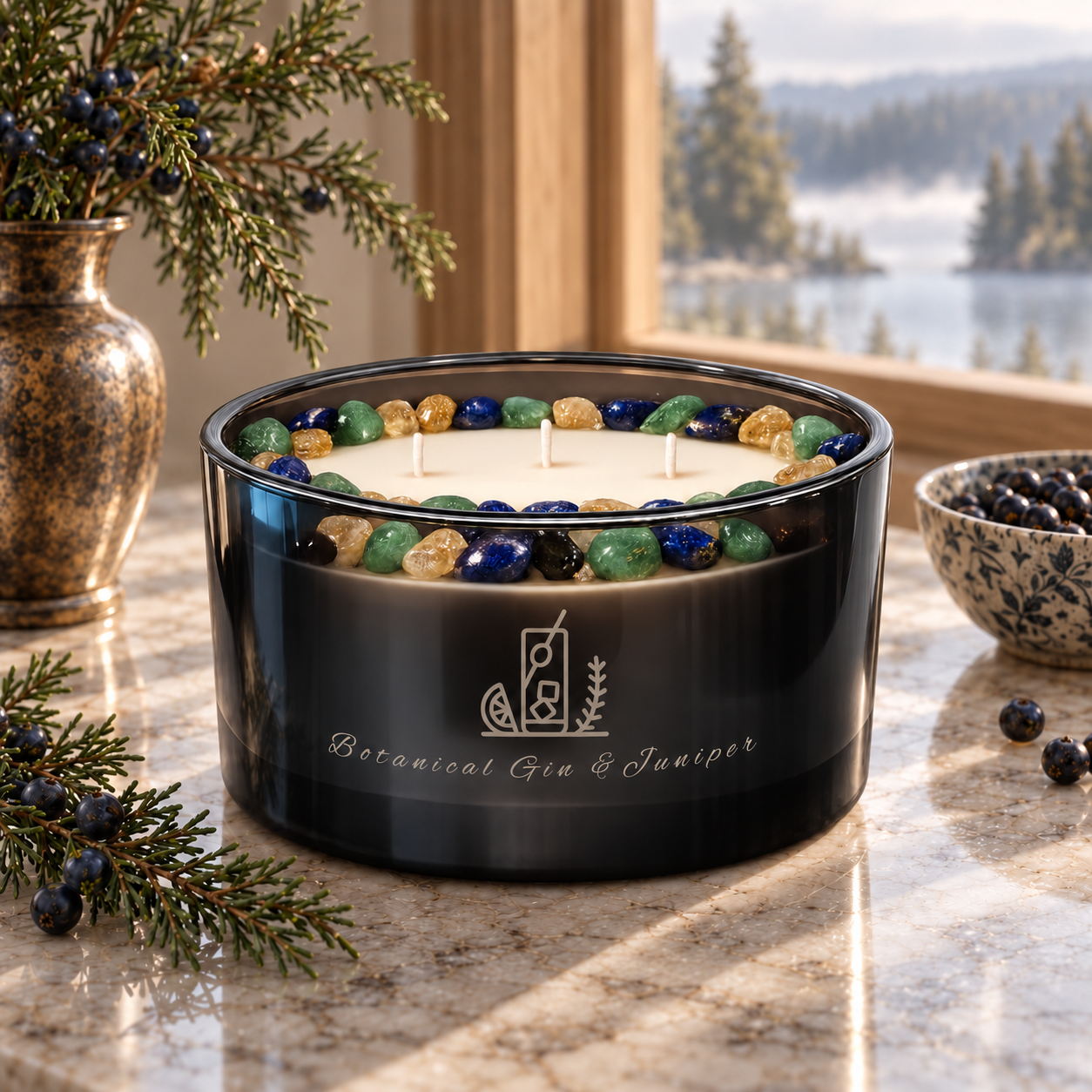 Botanical Gin & Juniper Handcrafted Crystal-Infused Coconut Soy 3-Wick Scented Candle, 16oz