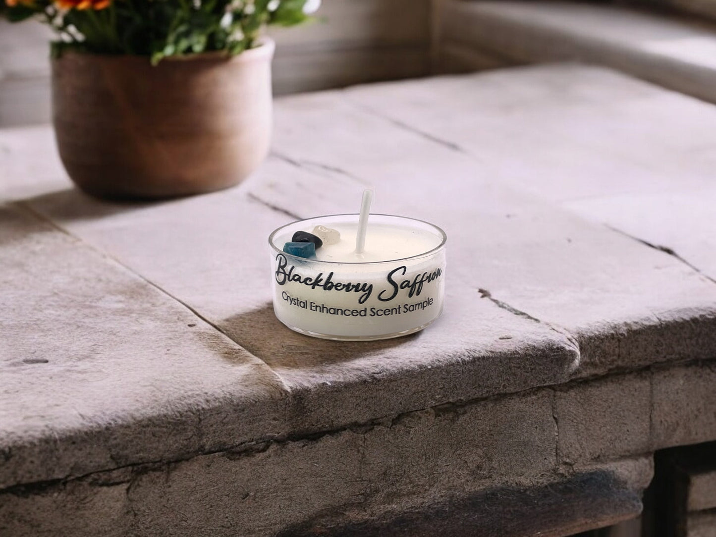 Blackberry Saffron, Premium Coconut-Soy Wax Tea Light Crystal Candle, 1oz