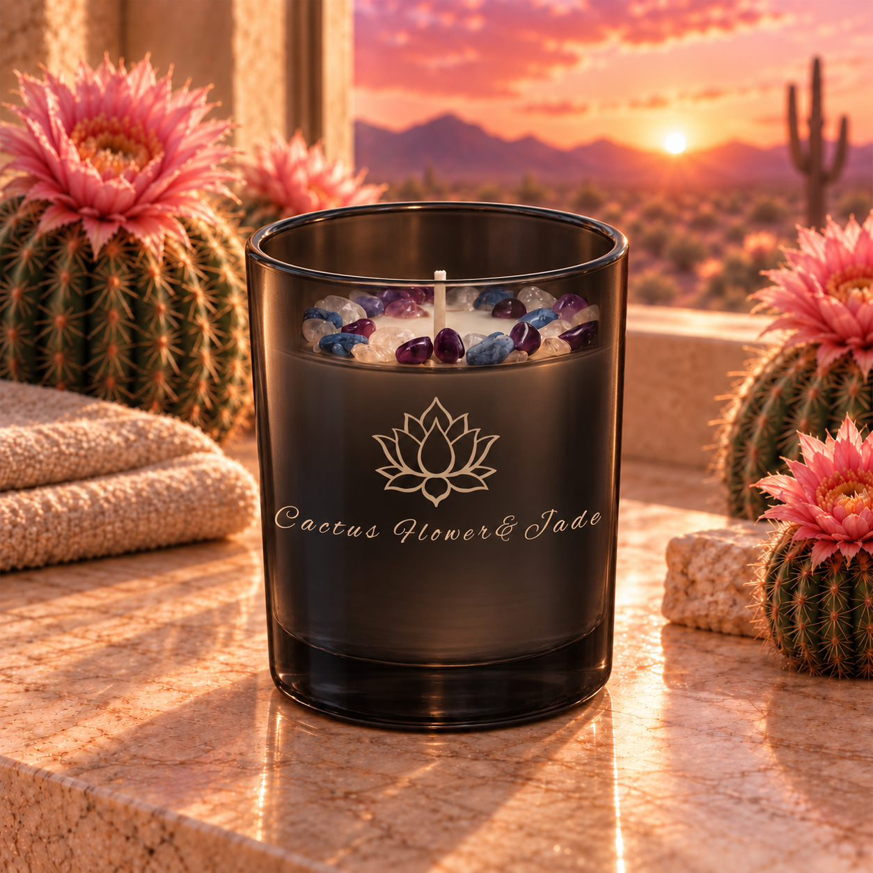 Cactus Flower and Jade Handcrafted Crystal-Infused Coconut Soy Wax Scented Candle, 10oz