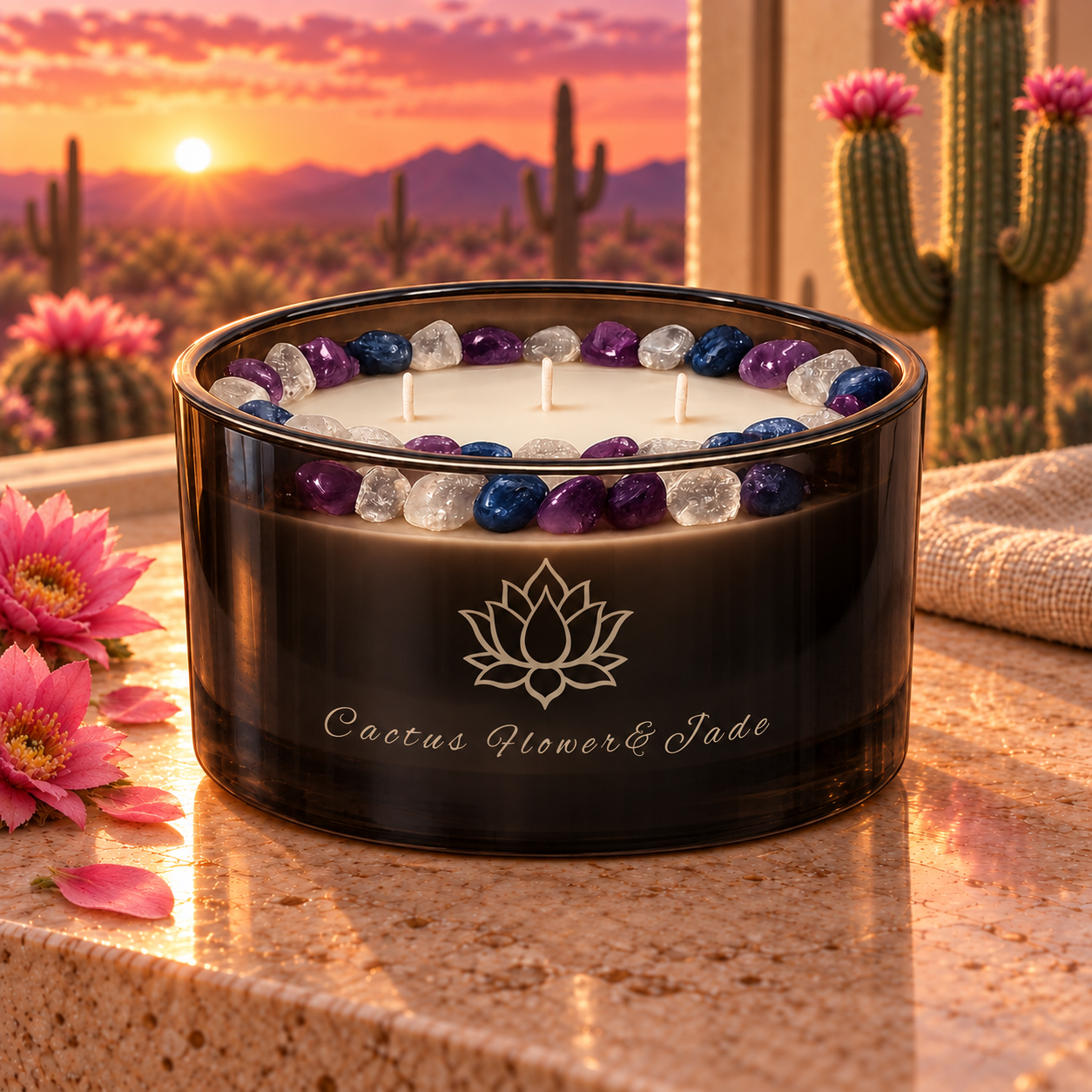 Cactus Flower and Jade Handcrafted Crystal-Infused Coconut Soy 3-Wick Scented Candle, 16oz