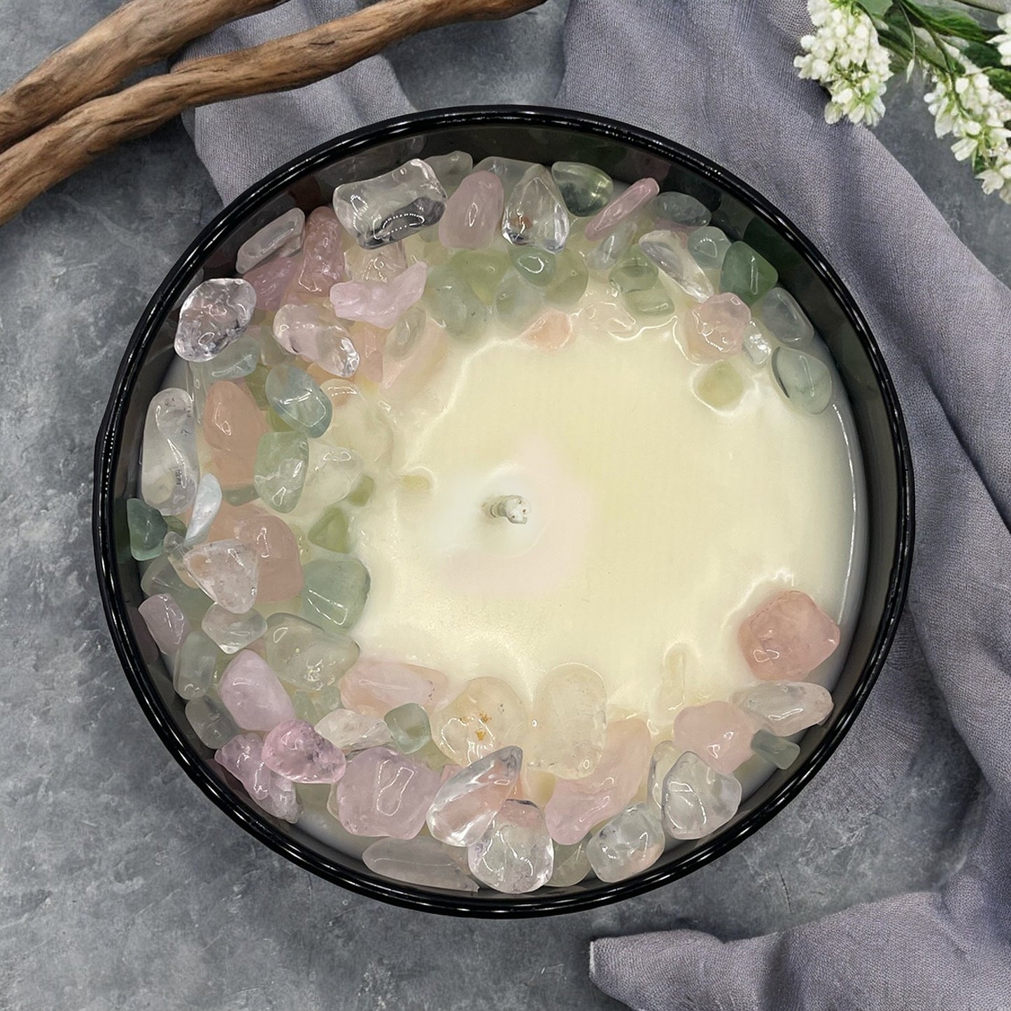 Moonlight Garden Crystal Candle with Green Fluorite, Rose, and Crystal Quartz | Coconut-Soy Wax Candle, 9oz