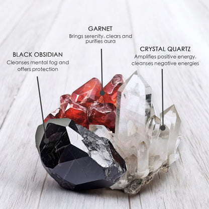 Mountain Air Crystal Candle with Garnet, Black Obsidian and Crystal Quartz | Coconut-Soy Wax Candle, 9oz