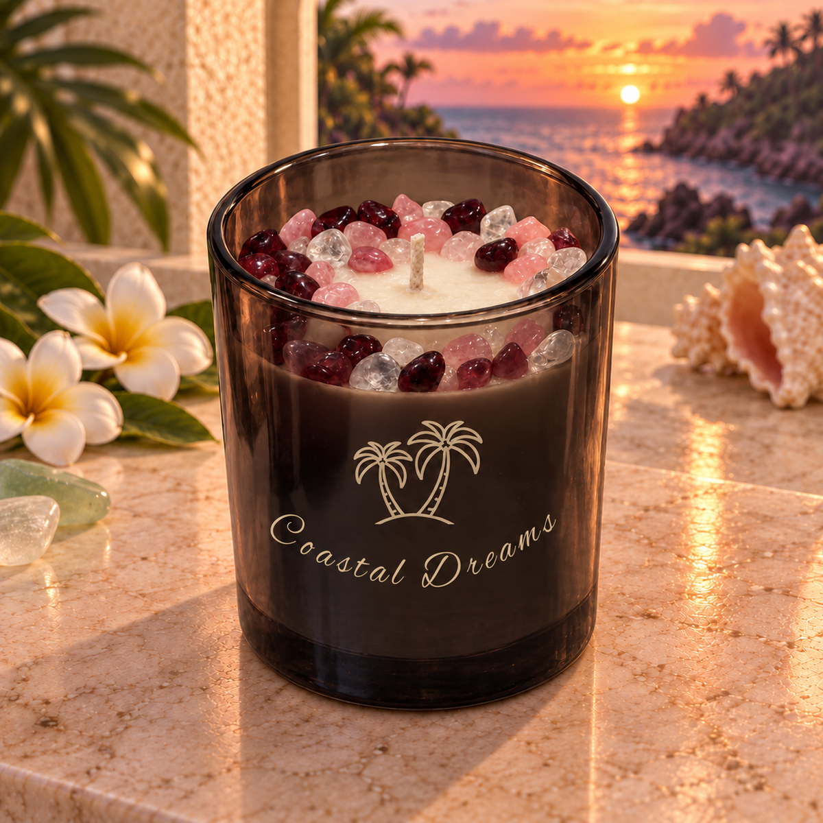 Coastal Dreams Handcrafted Crystal-Infused Coconut Soy Wax Scented Candle, 10oz