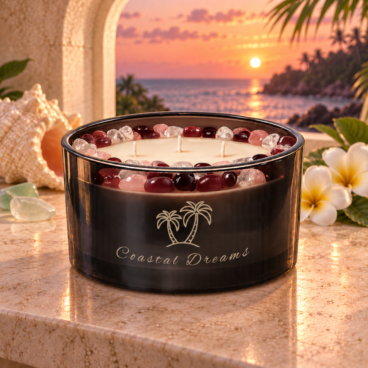 Coastal Dreams Handcrafted Crystal-Infused Coconut Soy 3-Wick Scented Candle, 16oz