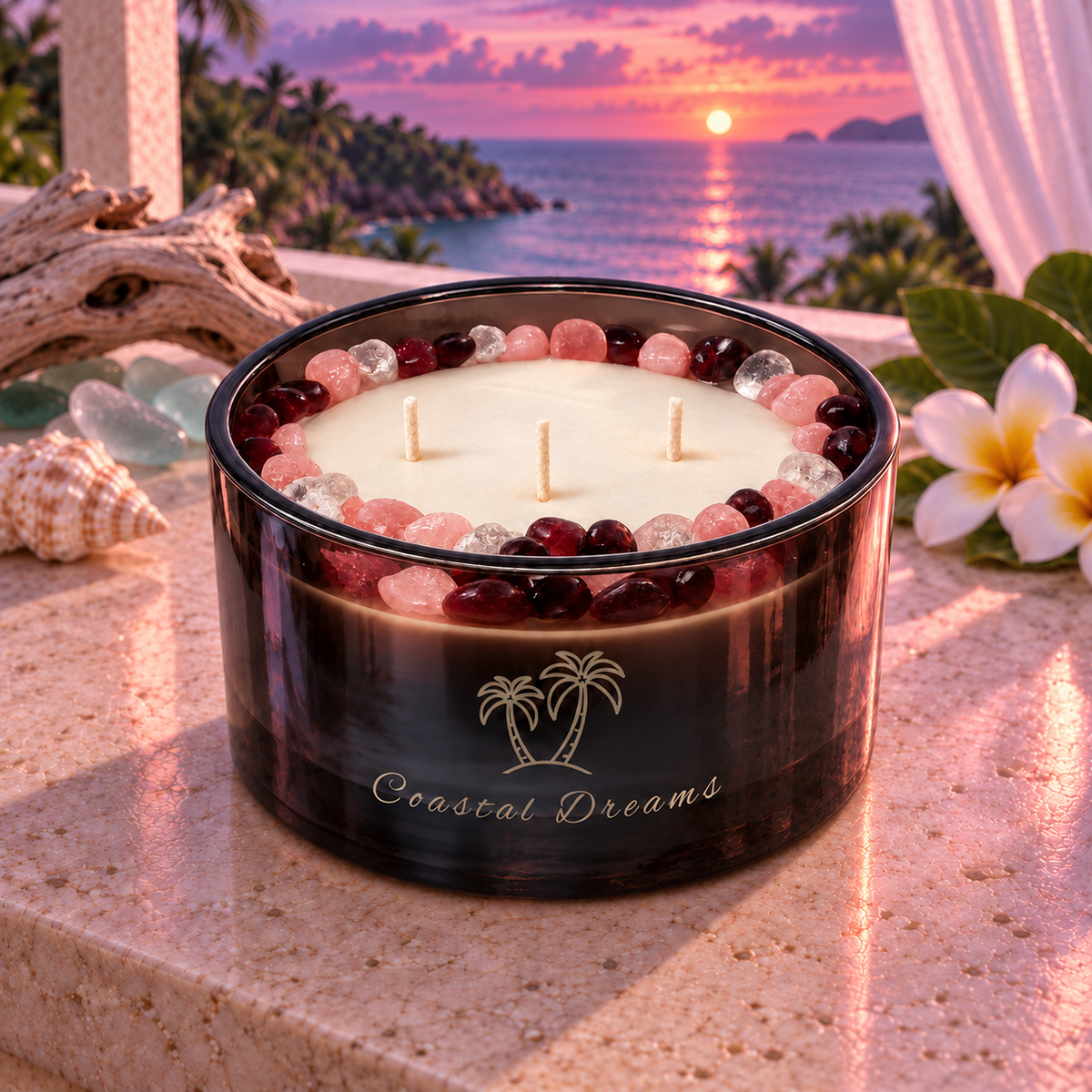 Coastal Dreams Handcrafted Crystal-Infused Coconut Soy 3-Wick Scented Candle, 16oz