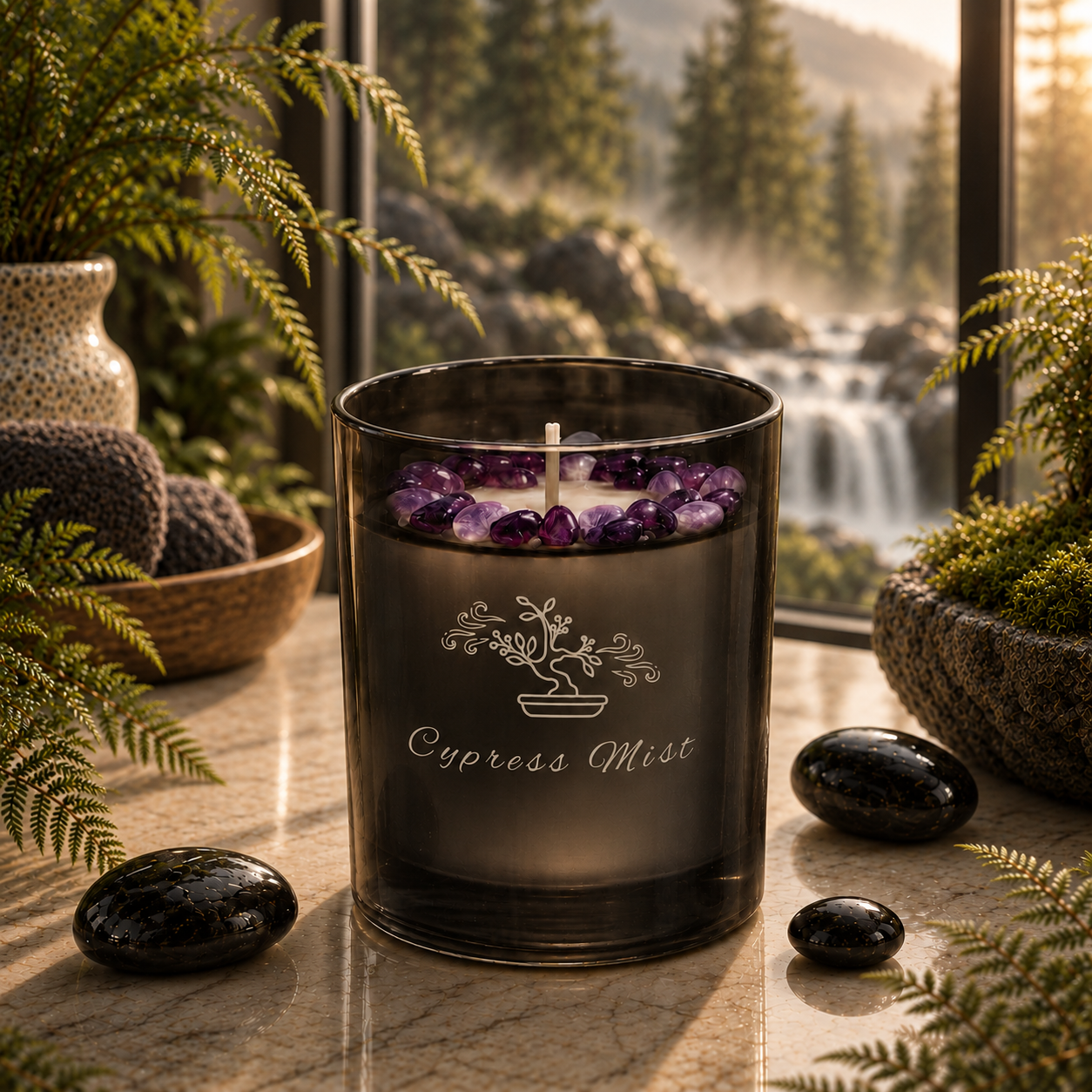 Cypress Mist Handcrafted Crystal-Infused Coconut Soy Wax Scented Candle, 10oz