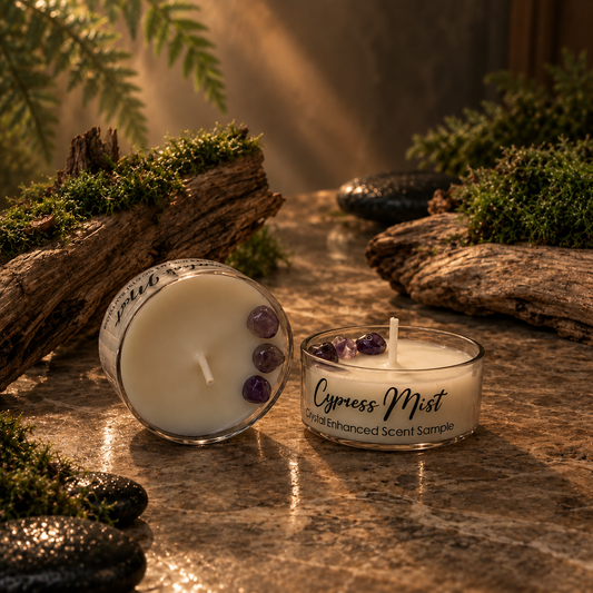 Cypress Mist, Premium Coconut-Soy Wax Tea Light Crystal Candle, 1oz