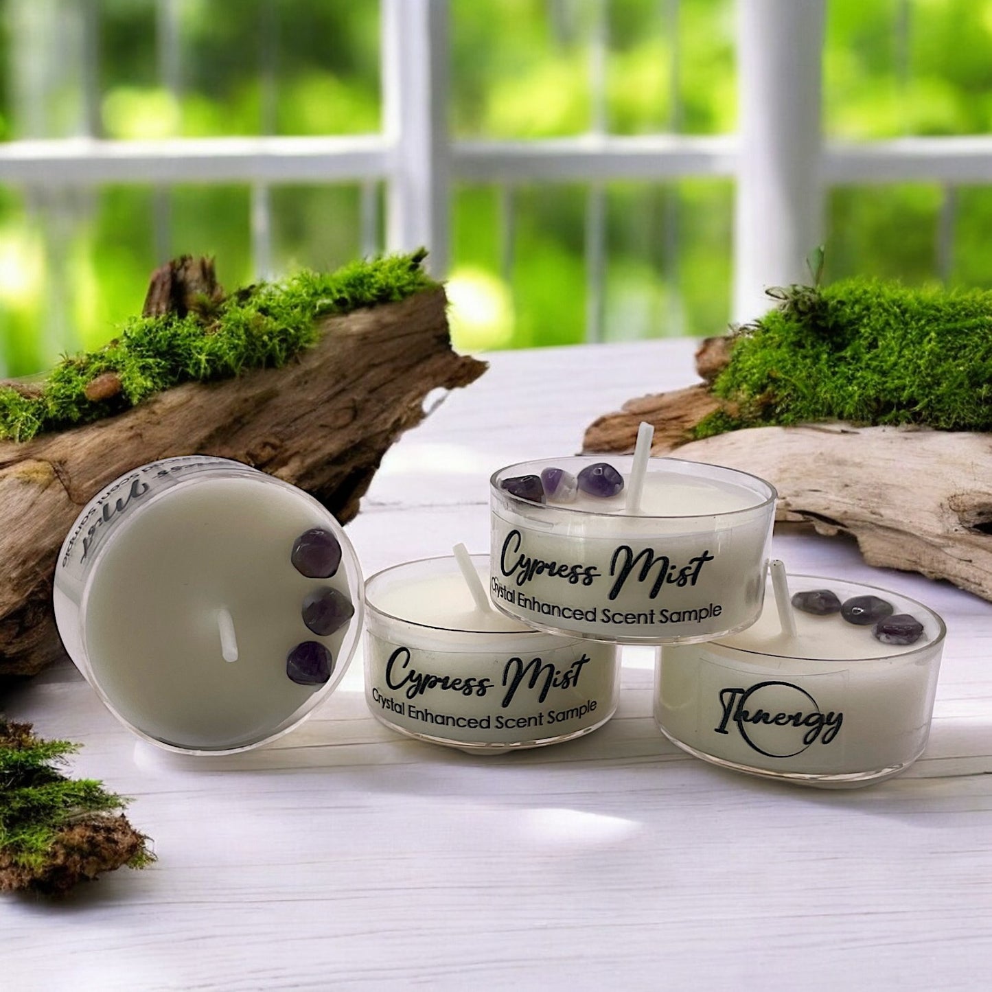 Cypress Mist, Premium Coconut-Soy Wax Tea Light Crystal Candle, 1oz