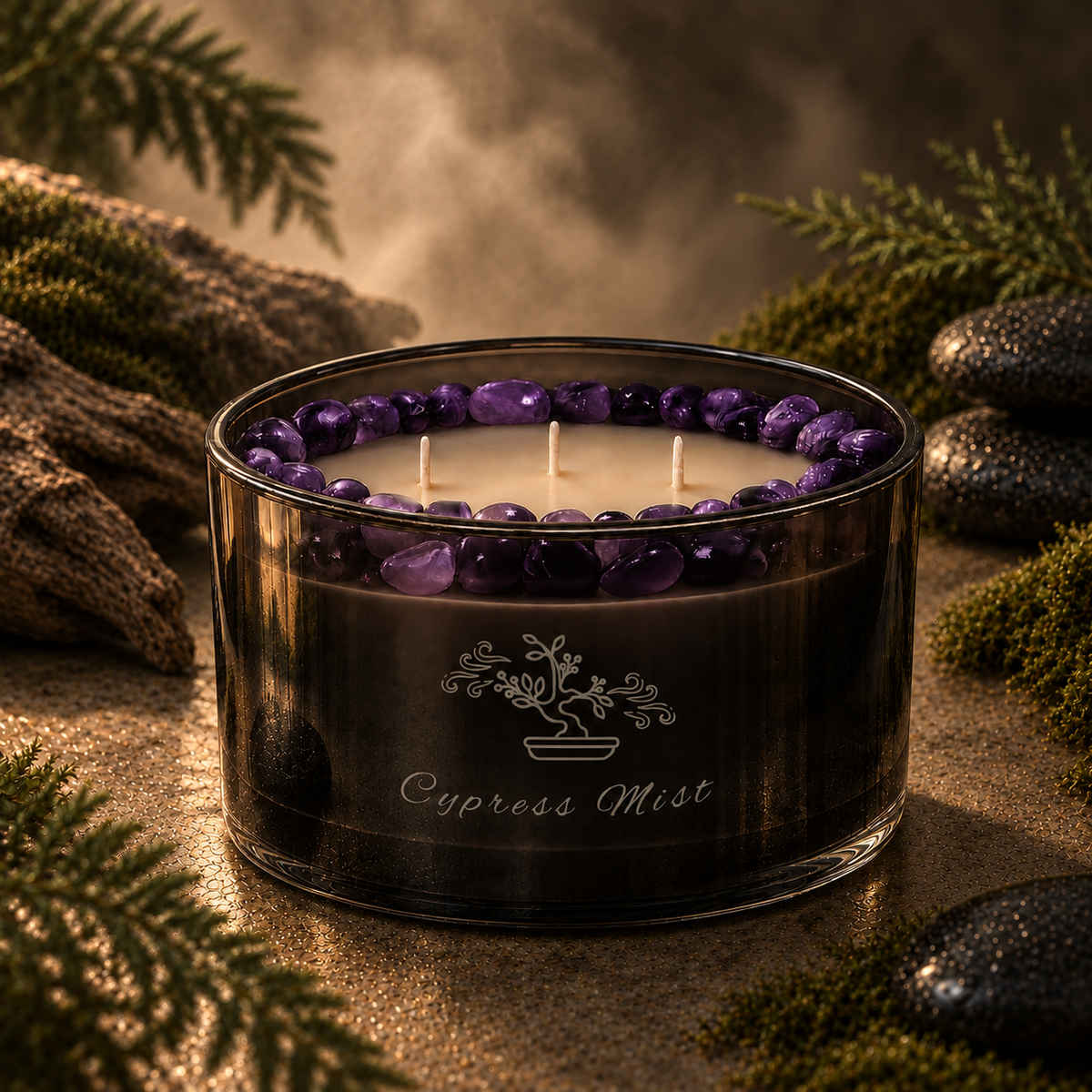 Cypress Mist Handcrafted Crystal-Infused Coconut Soy 3-Wick Scented Candle, 16oz