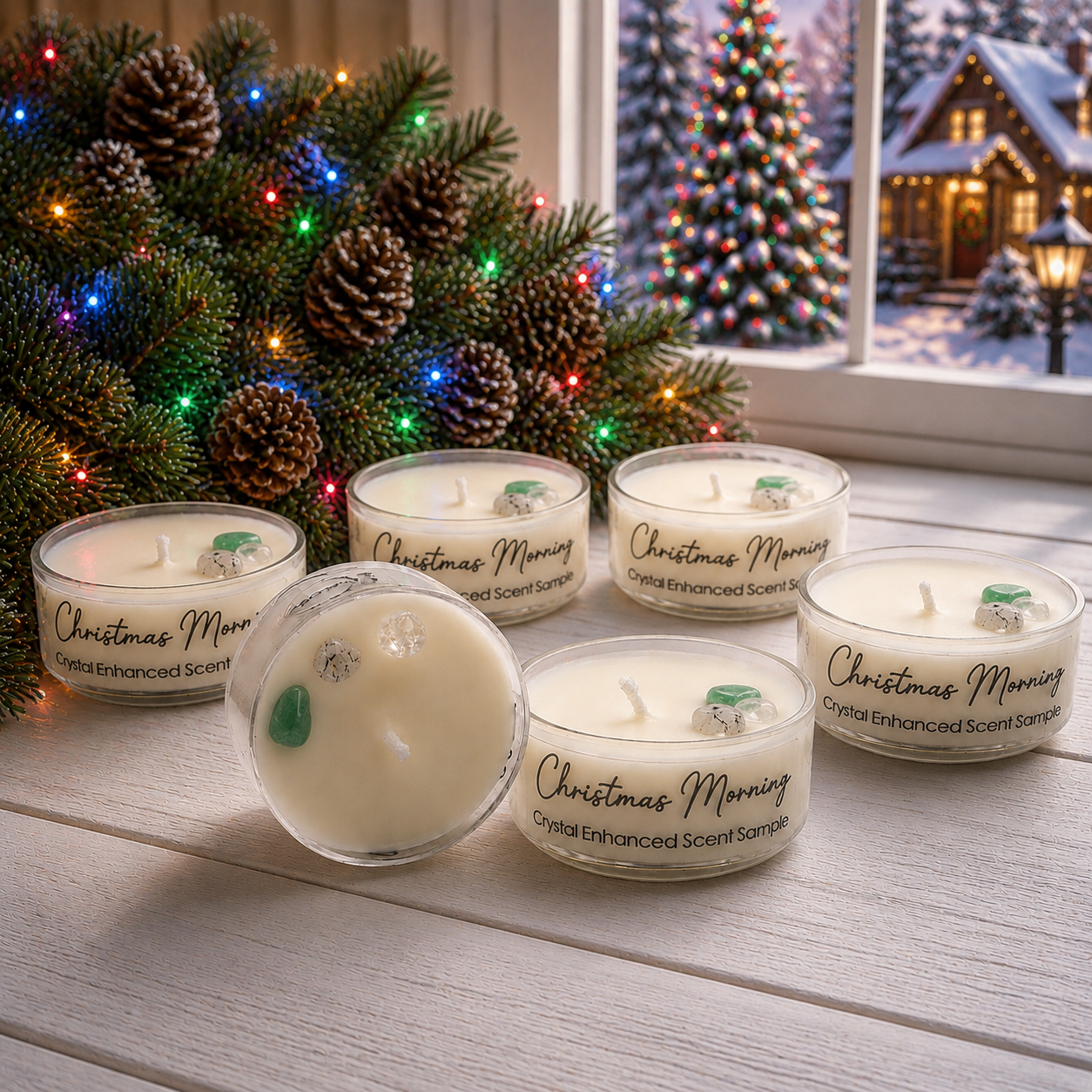 Christmas Morning, Premium Coconut-Soy Wax Tea Light Crystal Candle, 1oz