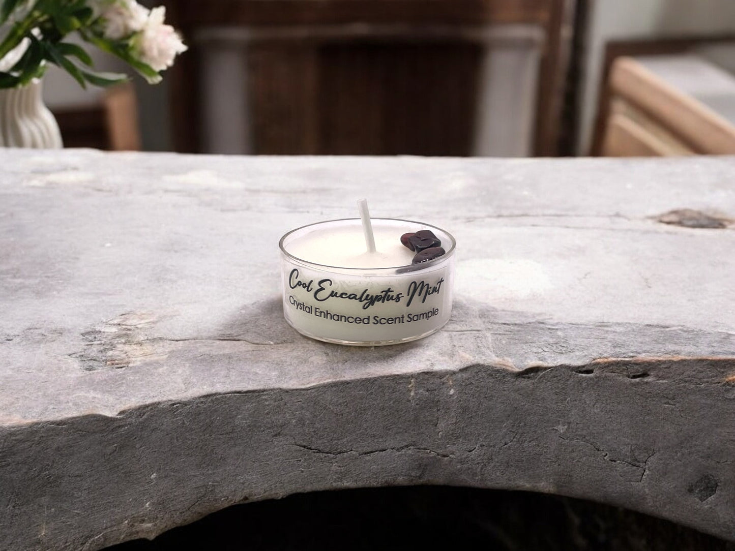 Cool Eucalyptus Mint, Premium Coconut-Soy Wax Tea Light Crystal Candle, 1oz