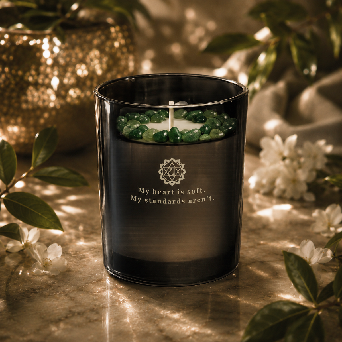 Heart Chakra Handcrafted Crystal-Infused Coconut Soy Wax Scented Candle, 10oz