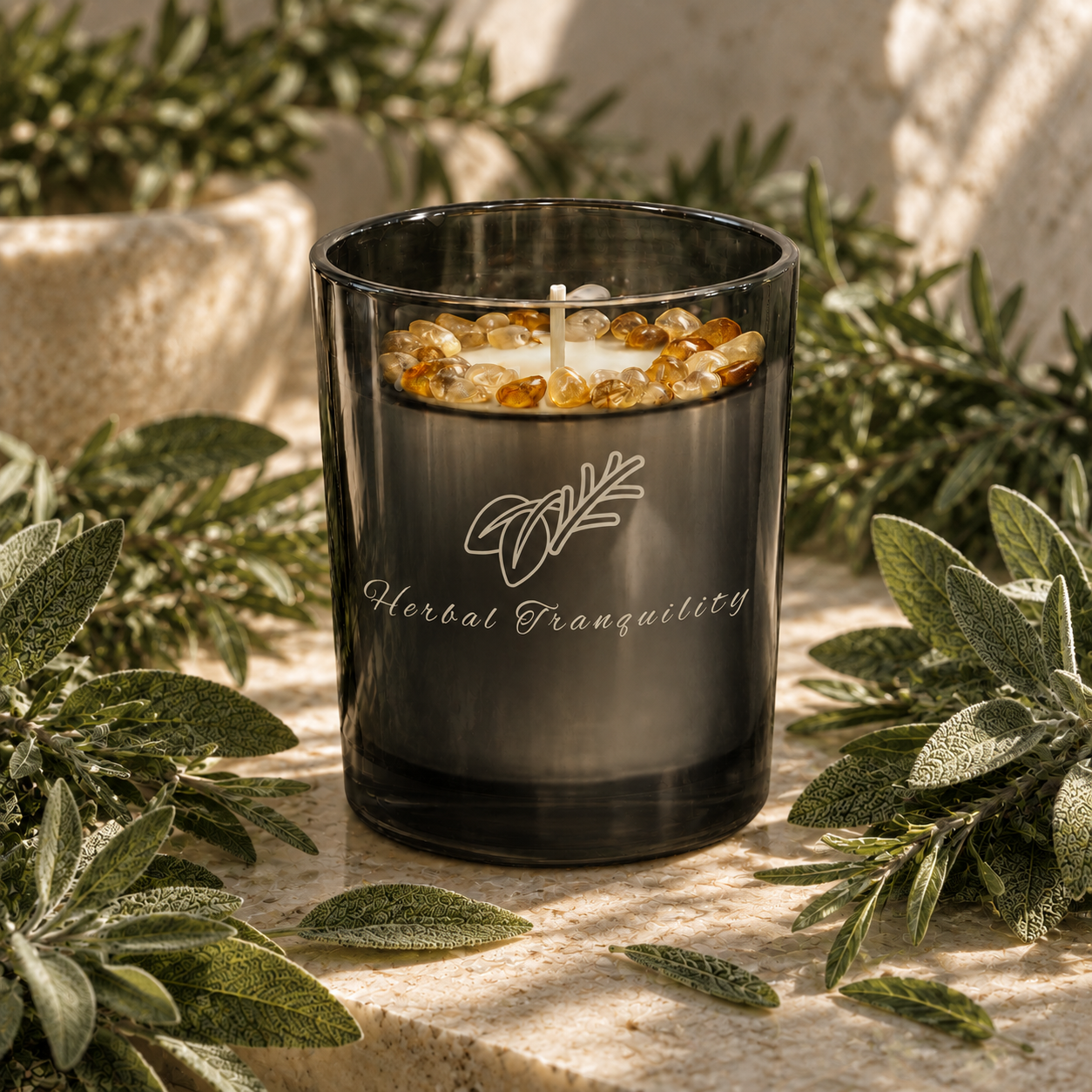 Herbal Tranquility Handcrafted Crystal-Infused Coconut Soy Wax Scented Candle, 10oz