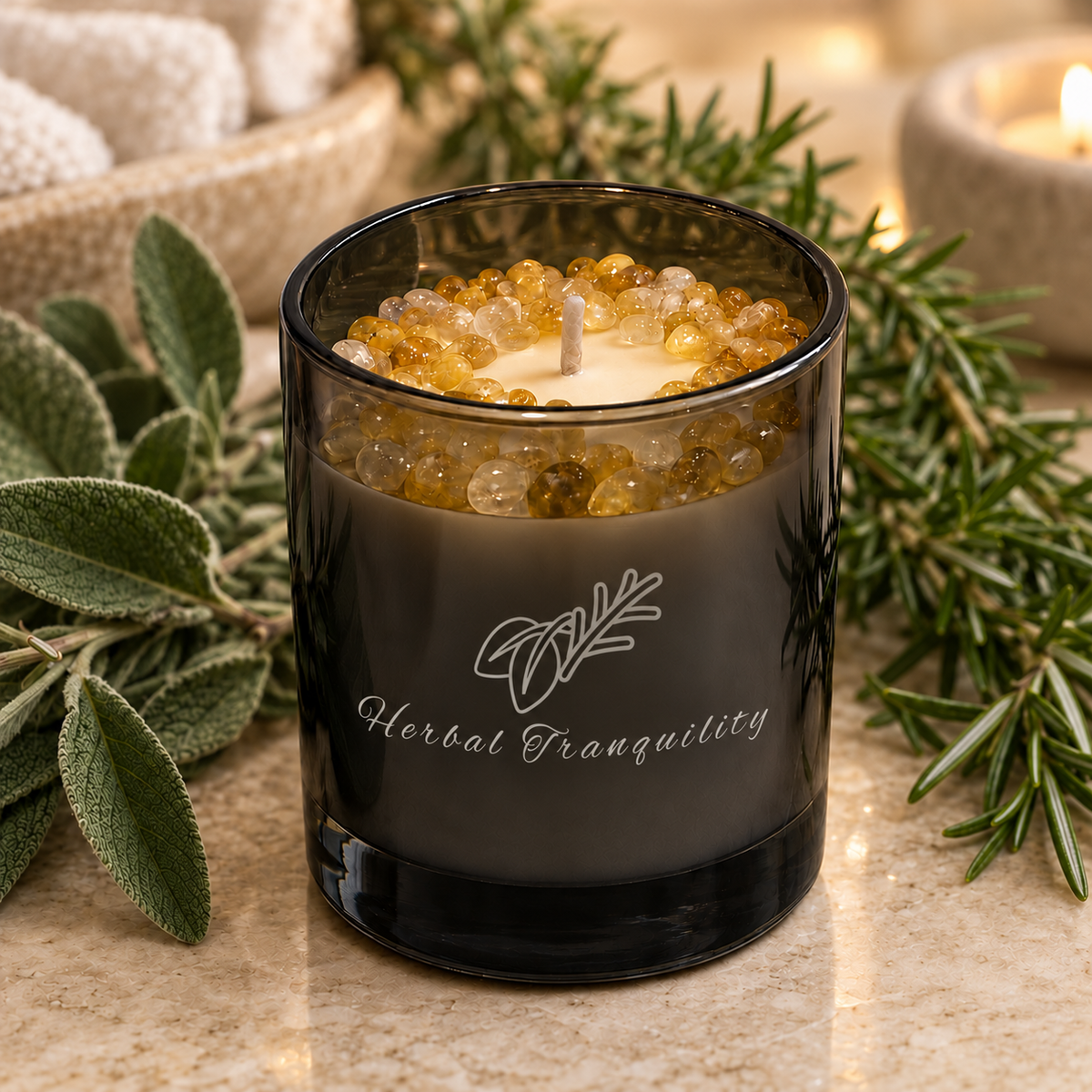 Herbal Tranquility Handcrafted Crystal-Infused Coconut Soy Wax Scented Candle, 10oz