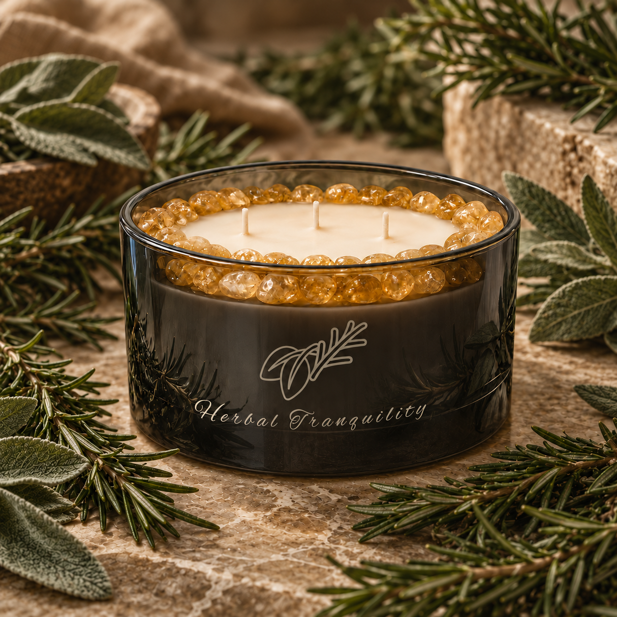 Herbal Tranquility Handcrafted Crystal-Infused Coconut Soy 3-Wick Scented Candle, 16oz