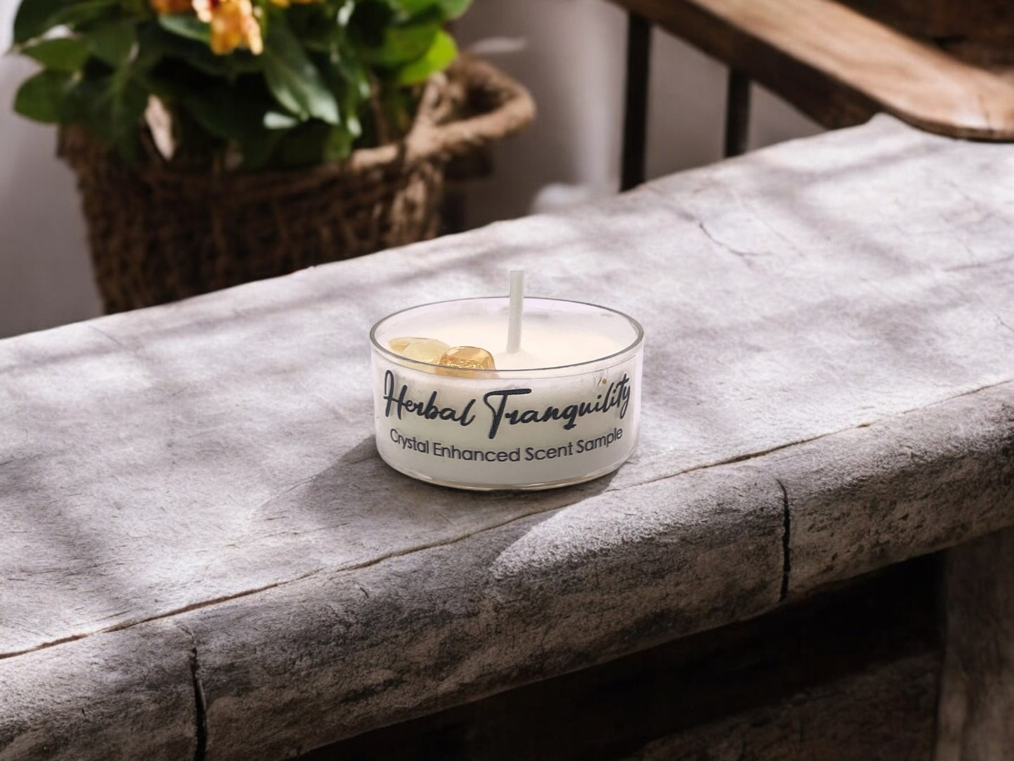 Herbal Tranquility, Premium Coconut-Soy Wax Tea Light Crystal Candle, 1oz