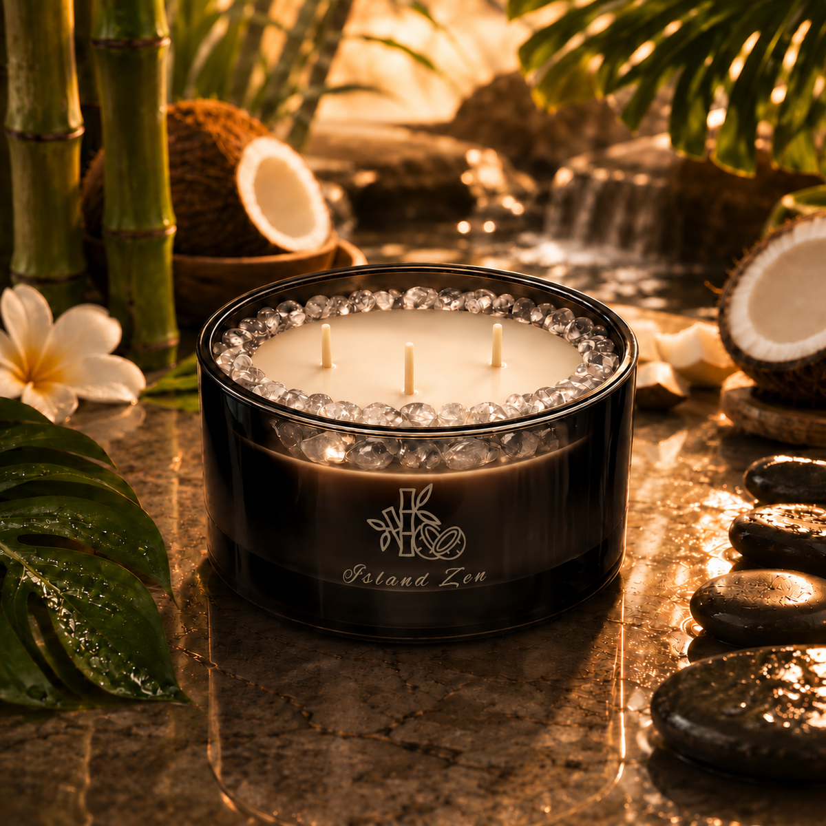 Island Zen Handcrafted Crystal-Infused Coconut Soy 3-Wick Scented Candle, 16oz