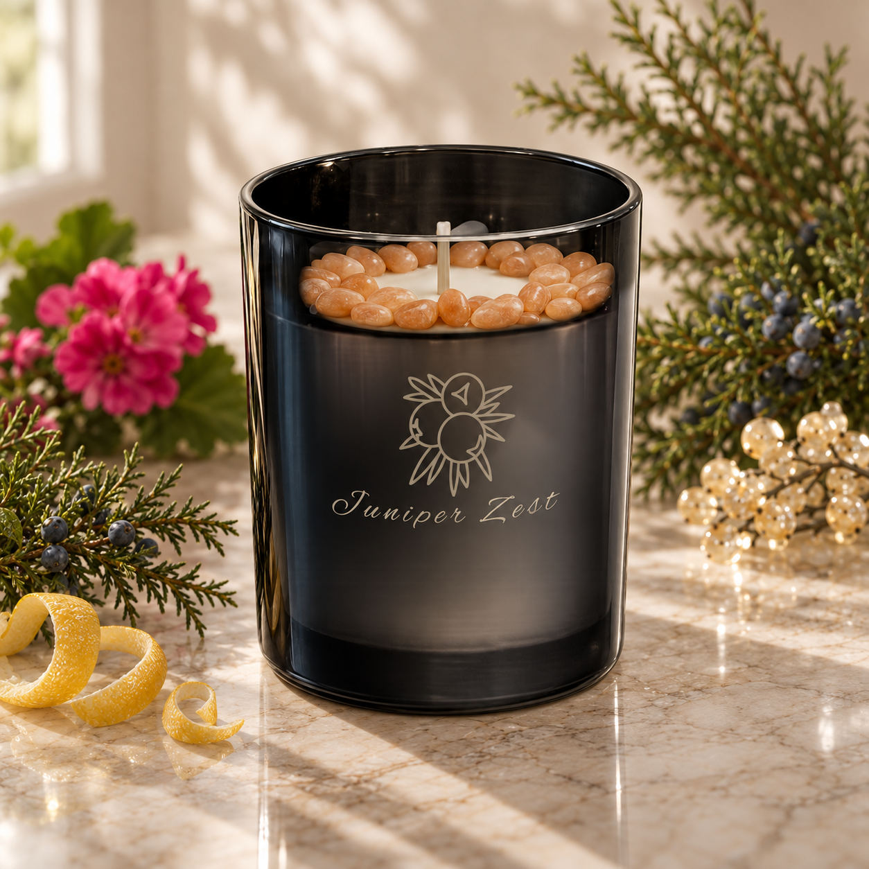 Juniper Zest Handcrafted Crystal-Infused Coconut Soy Wax Scented Candle, 10oz